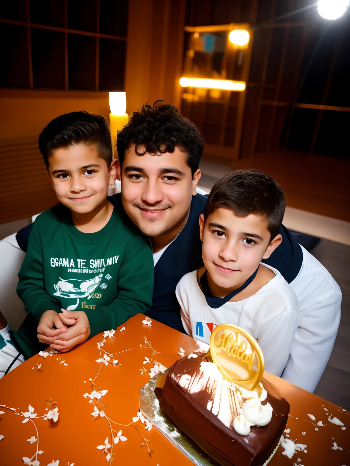 There are three boys sitting at a table with a cake, 1614572159, Condutor de Ene, Directed by: Siona Shimshi, celebrating a birthday, taken in the early 2020s, Directed by: Emma Andijewska, exclusivo, Petros e Leonid, 3/4 perfil, Fotografia tirada em 2 0 2 0