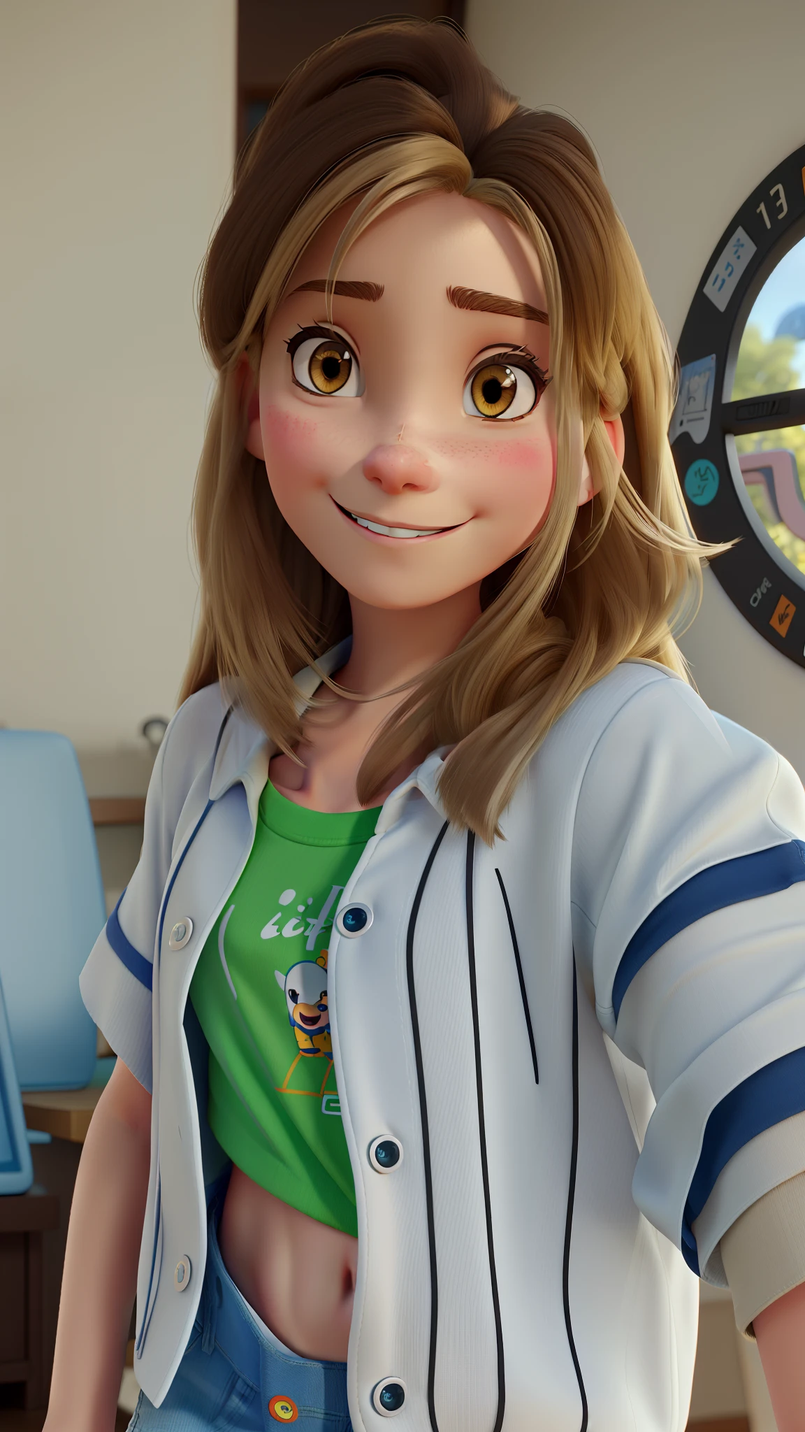 create as a Disney Pixar image a young woman, thin, blonde long hair, a small piercing in her nose, brown eyes, wearing a t-shirt with pokemon print, d se hort skirt jeans