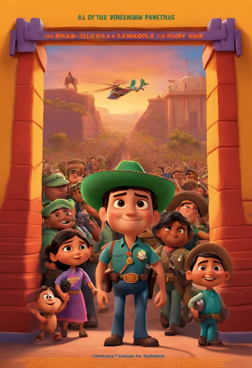 Pixar movie cover: kids sneaking past Mexican border to America surrounded with armed guards defenestrating them