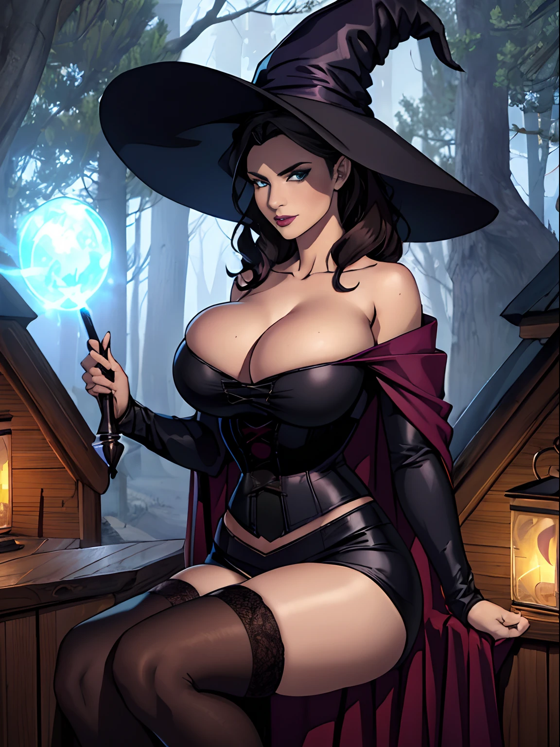 (masterpiece, top quality, best quality, official art, beautiful and aesthetic:1.2), (1girl:1.3), long and curly dark brown hair, ((extravagant updo)), Victorian style, extremely detailed, portrait, looking at viewer, solo, (full body:0.6), detailed background, close up, mischievous eyes, (cold midnight castle theme:1.1), extremely busty witch, huge lips, charlatan, smirk, mysterious, being seductive by a cottage in the forest, witch hat, broom, revealing gothic witch dress, lace, extremely tight bodice, black attire, black skirts, long sleeves, loose sleeves, black leather, cloak, corset, black dress, fishnets, thigh high black boots, buckles, straps, pouches, glowing green magic energy, dark purple fabric, silver trim, black leather, gigantic breasts, cleavage, skindentation, slim waist, slim hips, long legs, medieval (forest cottage exterior:1.1) background, nighttime, dark mysterious lighting, shadows, magical atmosphere, dutch angle