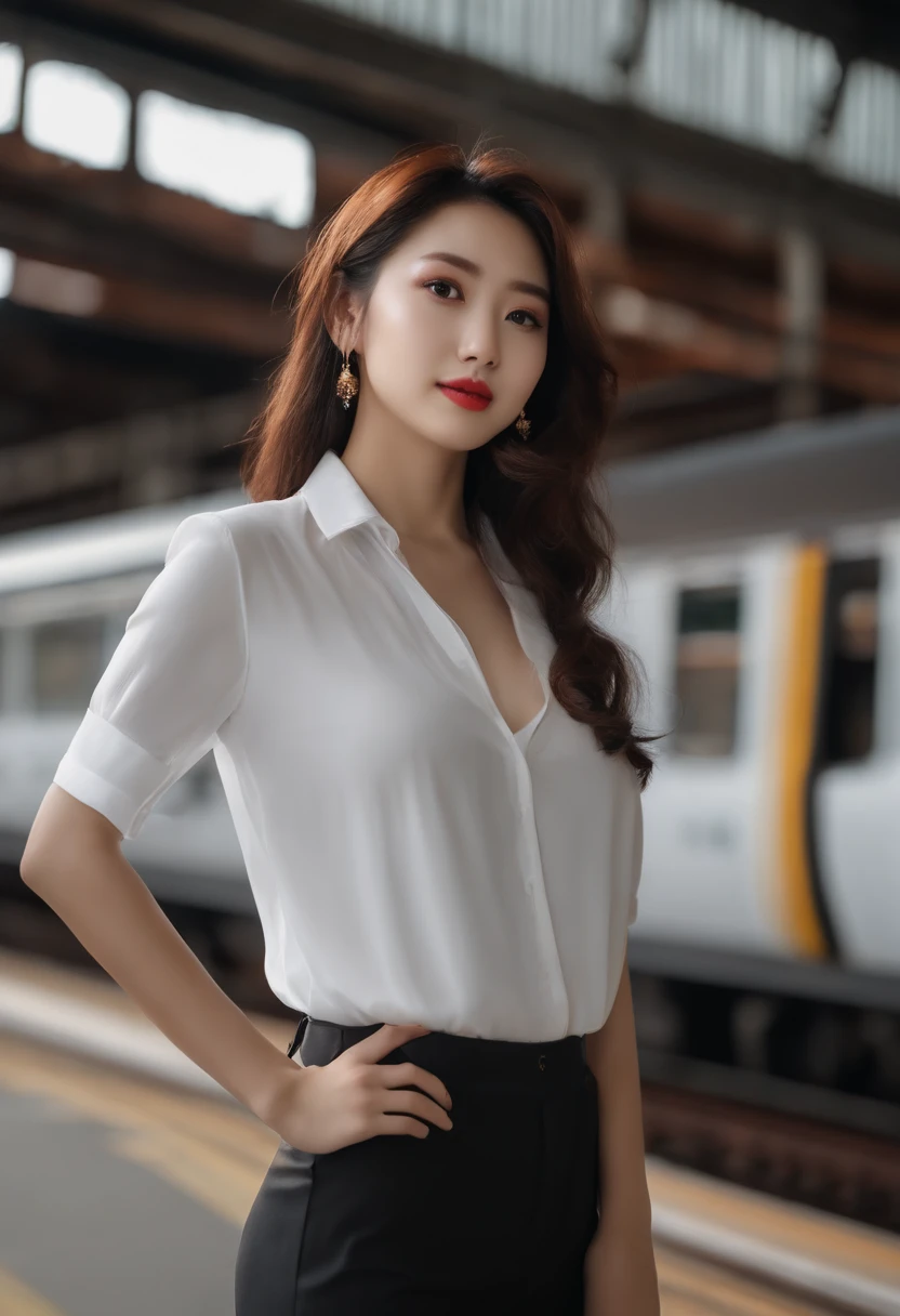 fotos realistas de (1 estrela coreana fofa) cabelo virado, Maquiagem fina, medium breasts size, Camisa polo laranja, At the train station, clear facial features of Canon EOS, 16k, high resolution, Crisp and realistic details, overexposure, corte, UHD, Altas, best quality