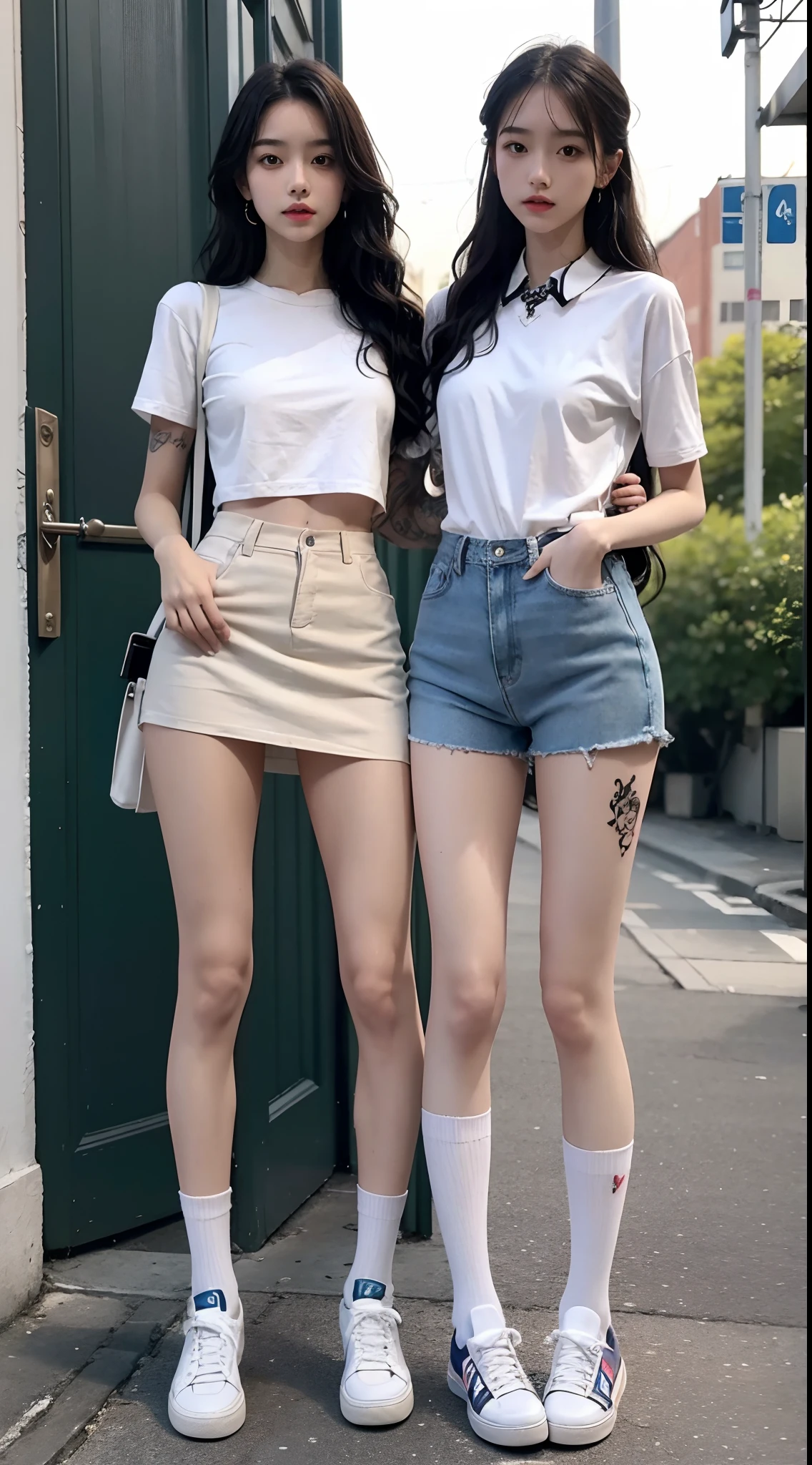 Masterpiece, Best quality, 1girll,stand posture,anatomy correct,JK school uniform,White mid-tube socks,with tattoos,wavy and long hair,Accurate and delicate face,Accurate and perfect legs,Slender and slender figure,Skinny,Skinny,Smaller bust,Converse shoes,bookbag