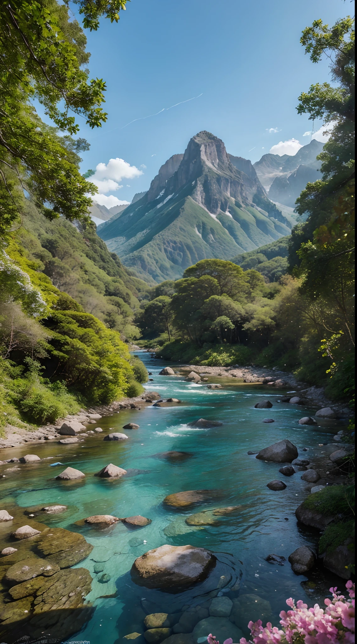 Stunning views of 8K Alam, Breathtaking landscapes, Vibrant colors, clear blue skies, Lush greenery, Towering mountains, crystal-clear river, Blooming flowers, tranquil ambiance, Amazing natural beauty, Surreal landscape, Detailed textures, Realistic lighting, Cinematic quality, A high-resolution masterpiece