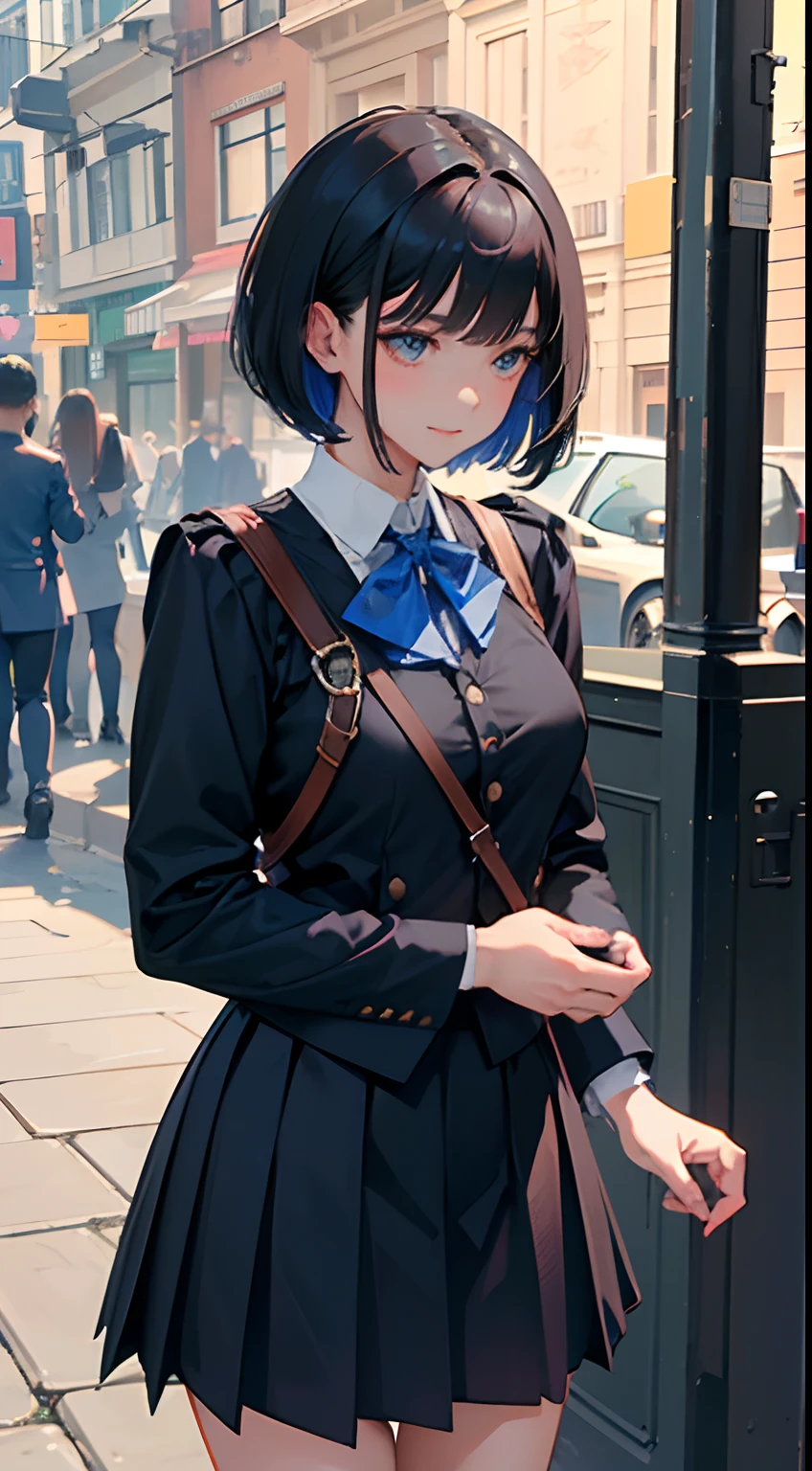 【Highest Resolution, Distinct_image】Best Quality, Masterpiece, High Picture Quality, Semi-Reality, Black Hair Short Haired Woman,, Triple Bang, Blue Uniform, Blue Pleated Skirt, Military Uniform, POV, Military School, Meal, Lunch, With Classmates