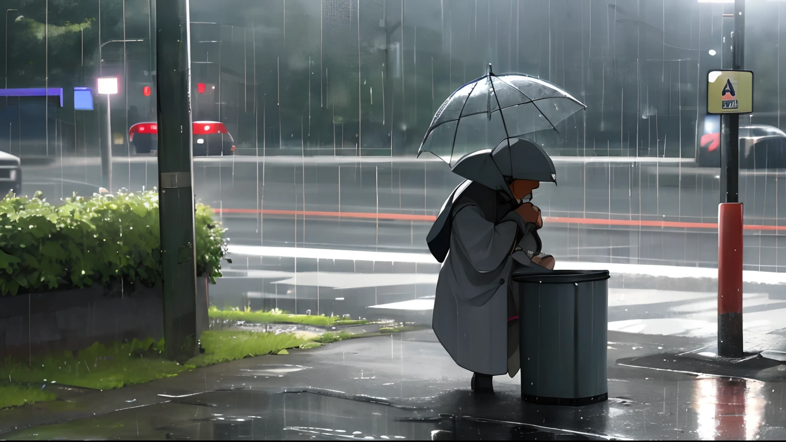 under the rain、Crouch next to a trash can