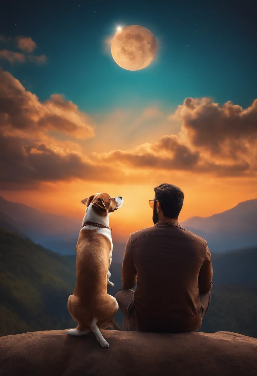 Small dog looking at the sky with a brown man with a phone in his hand