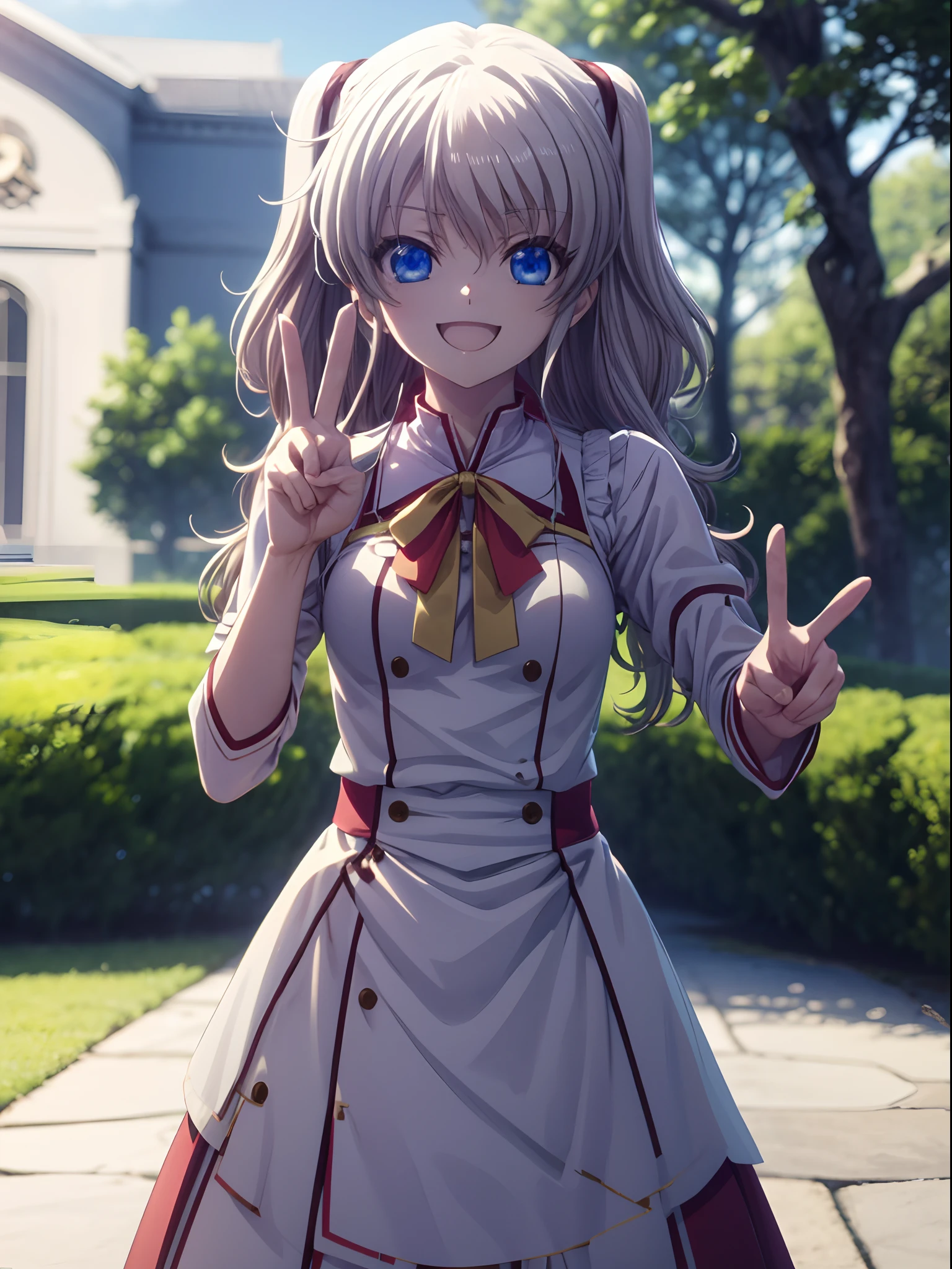 ​masterpiece、top-quality、ighly detailed、Beautiful anime girl, Beautiful Art Style、Nao Tomori,Three-dimensional feeling、full-body view、、(Cute Peace Sign:1.5)、 [3D images:1.25]、a park、academy、 super precision、[[In high-quality anime、Cute Nao Tomomori with light brown hair and beautiful eyes:1.15]]、maid clothes, 8ＫImagen、A cute smile no matter who looks at it、Attractive eyes、red and white uniform、Dress correctly、best pictures, Detailed finger、masutepiece, Photorealistic, High resolution, Soft light, Attractive eyes that make you feel sucked in