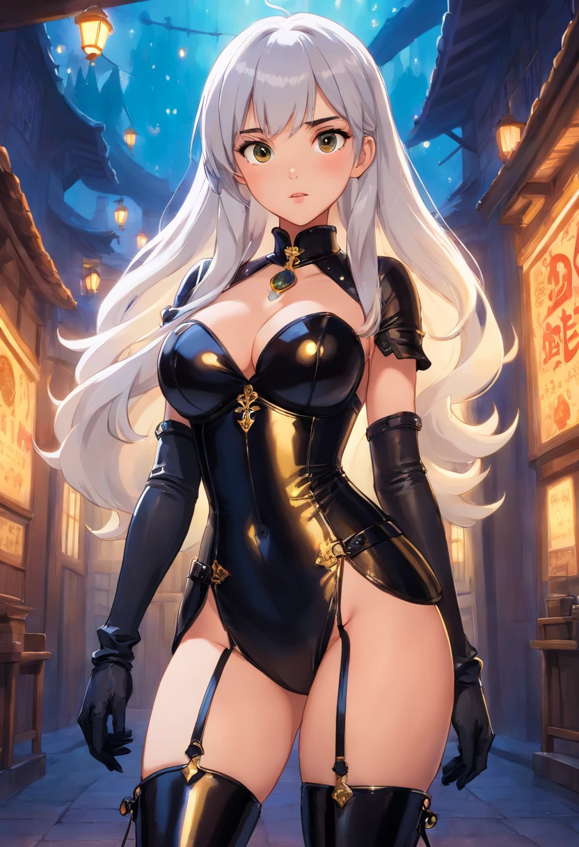 Sexy girl wearing latex corset and opera gloves thigh high boots, kim kardashian, fantasy art, realistic art, dynamic lighting, artstation, volumetric lighting, very detailed faces, 8 k,full HD, award-winning,, 1girl, in the dark, deep shadow, discreet, cowboy shot, (official outfit: 1.4), long hair, white hair, hair with black lights