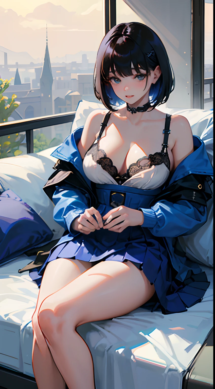 【Top resolution、Distinct_image】top-quality、masterwork、high-level image quality、Semi-reality、Black hair short hair woman、A MILF、Triple Bang、Blue uniform、Blue pleated skirt、military outfits、pov、Military Academy、Dining、lunch、Take off your uniform、bra very、pantiy、
