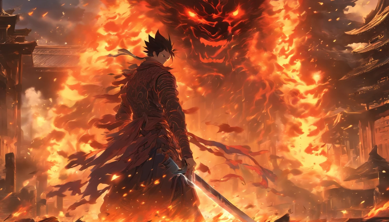 /imagine prompt: A furious man standing in front of an abandoned demon temple, gripping the hilt of his sword with determination in his eyes, surrounded by dilapidated buildings and burning flames symbolizing the cruelty and danger of the battle, ,32k, best quality, masterpiece, super detail, high details, by Makoto Shinkai ,in the style of the stars art group xing xing, --niji 5"