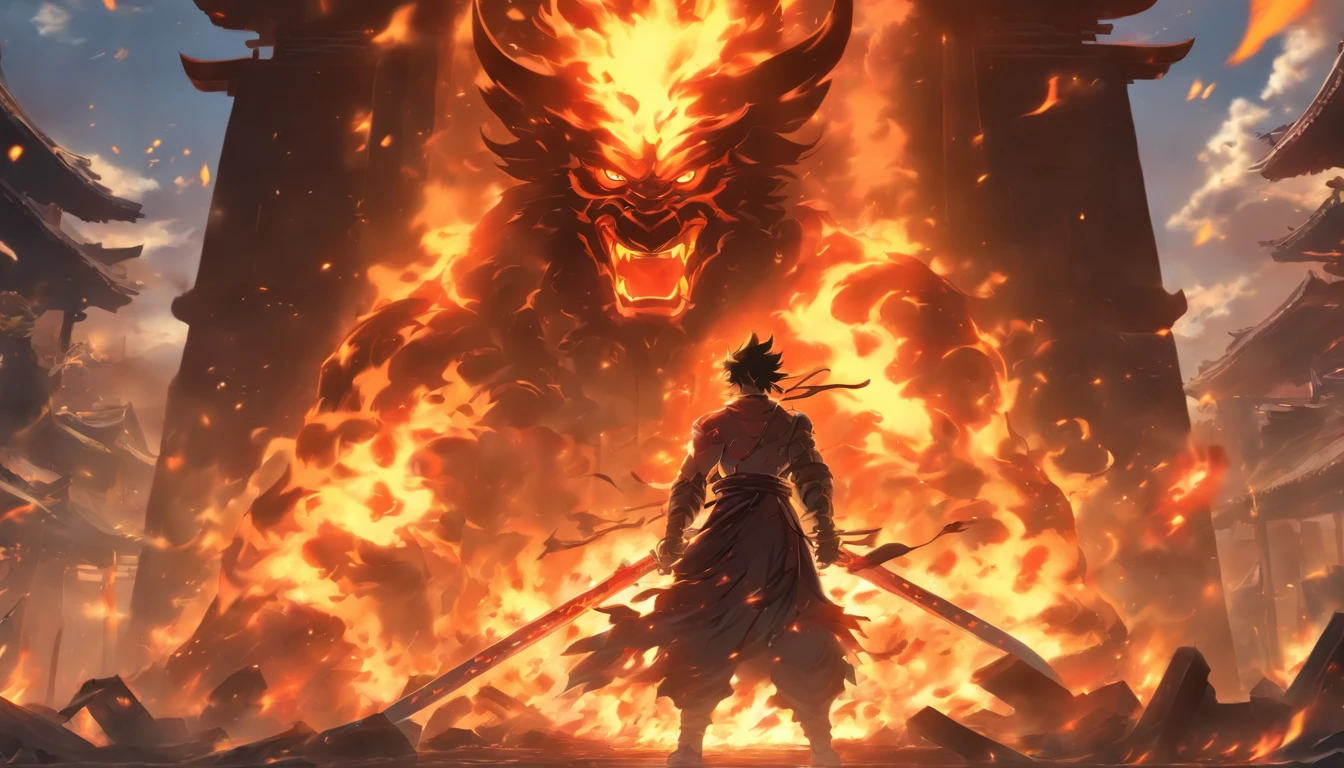 /imagine prompt: A furious man standing in front of an abandoned demon temple, gripping the hilt of his sword with determination in his eyes, surrounded by dilapidated buildings and burning flames symbolizing the cruelty and danger of the battle, ,32k, best quality, masterpiece, super detail, high details, by Makoto Shinkai ,in the style of the stars art group xing xing, --niji 5"