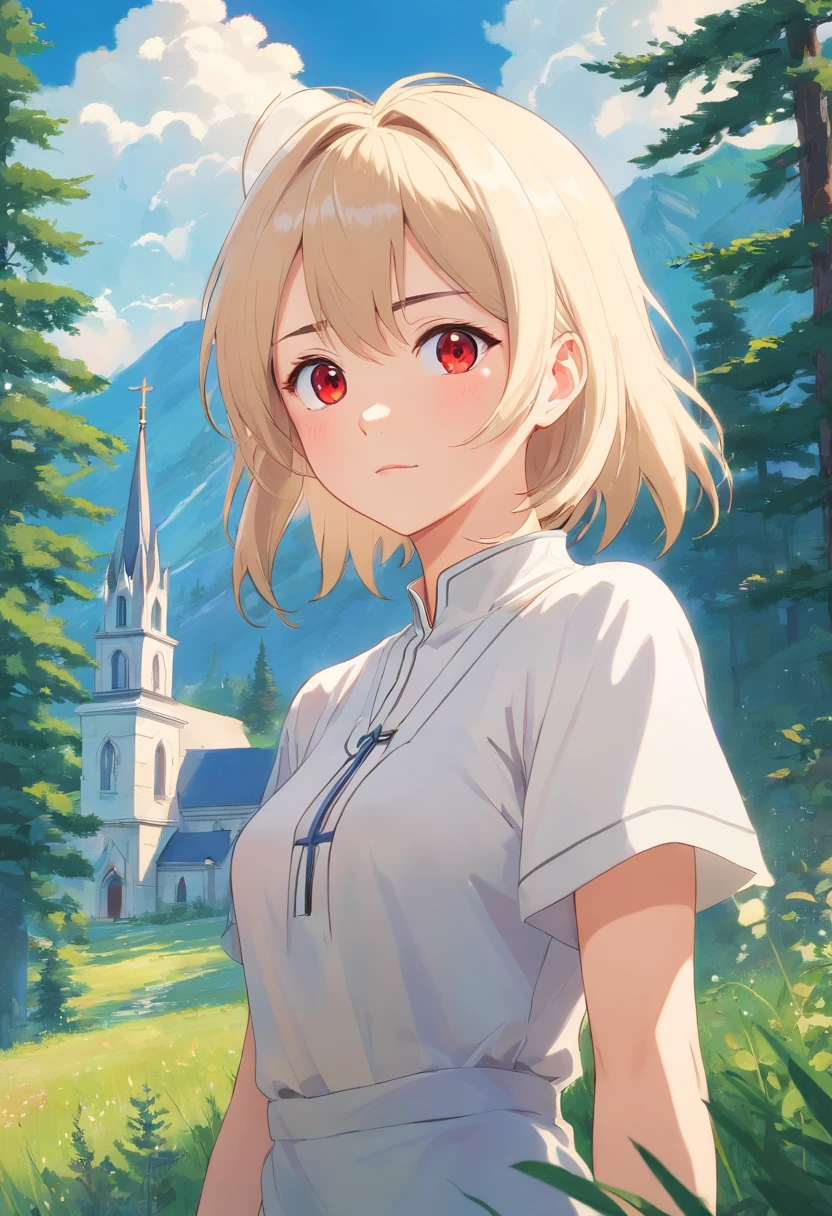 (highly detailed), ((masterpiece)),(Impasto), intricate, church painting,(((1 girl))) , painting frame, fantasy ,delicate grassland,sorceress,shepherd long white hair,red dragon eye ,(pretty face),beautiful detailed face,extremely delicate and beautiful girls,alps,evergreen coniferous forest ,clear sky ,wind ,beautiful sky ,cumulus ,naked ,boobs
