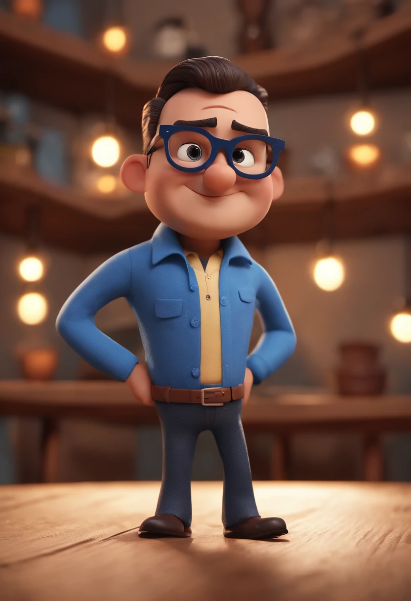 Cartoon character of a man with black glasses and a blue shirt, animation character, Caractere estilizado, animation style rendering, 3D estilizado, Arnold Maya render, 3 d render stylized, toon render keyshot, Personagem 3D, Personagem 3D, 3d rendering stylized, 3 d character render, personagem de desenho animado, Personagem de close up, Pose de personagem,  (Estilo Pixar) (master part:1.2) (Bokeh) (best quality) (pele detalhada) (textura detalhada) (8k) (argila) (Cinematic lighting) (foco nítido