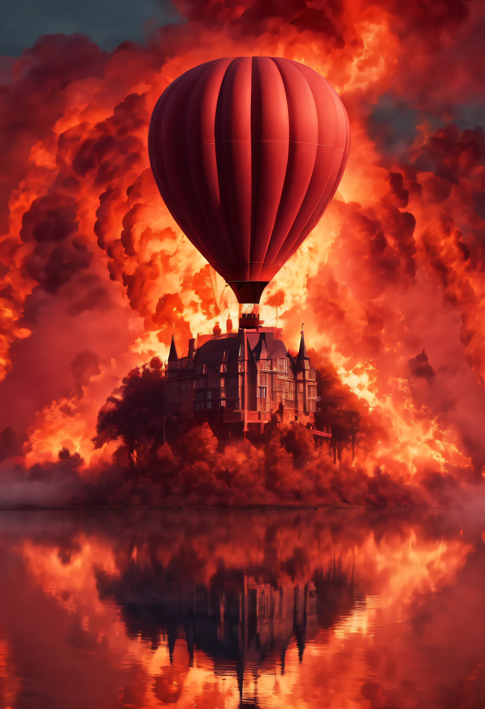 The flaming flames converged into the shape of a giant hot air balloon，Floating high in the fiery red sky，Magical scenes