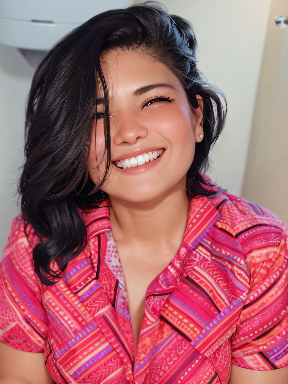 smiling woman in pink shirt sitting on a toilet with a white wall, by Amelia Peláez, profile image, happily smiling at the camera, by Olivia Peguero, by Nándor Katona, malika favre, headshot profile picture, by Emma Ríos, faridah malik, by Gina Pellón, she is smiling and excited