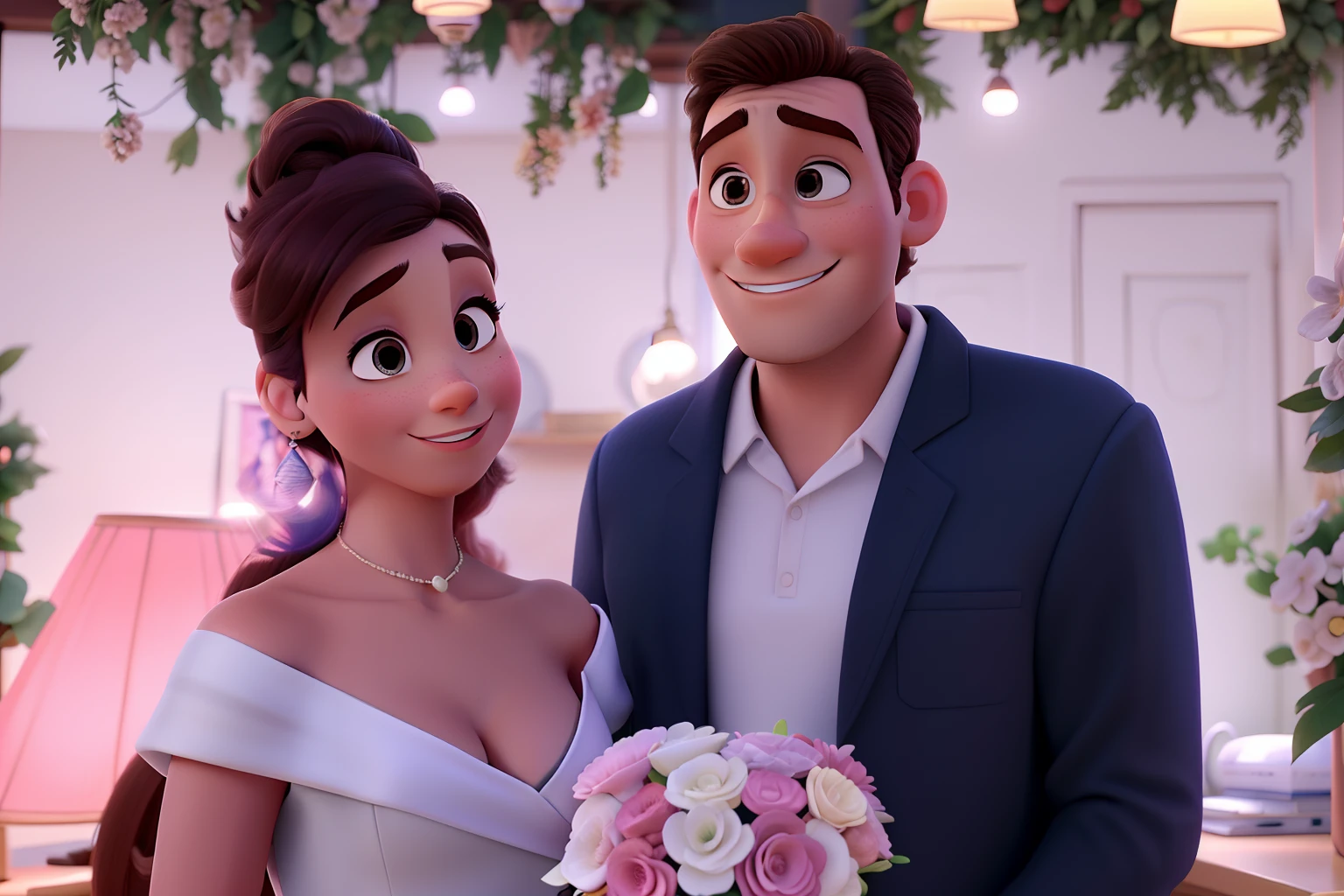 Obra-prima, de melhor qualidade, casal novo posando para uma foto em frente a um casamento, animation movie still, pixar retrato 8 k foto, animated film, animation film, Disney Pixar filme ainda, ainda do filme, filme realista ainda, Disney fotorrealista, animado ainda, um alambique de um feliz, Ainda de um filme da Pixar, pixar filme ainda, high resolution film still