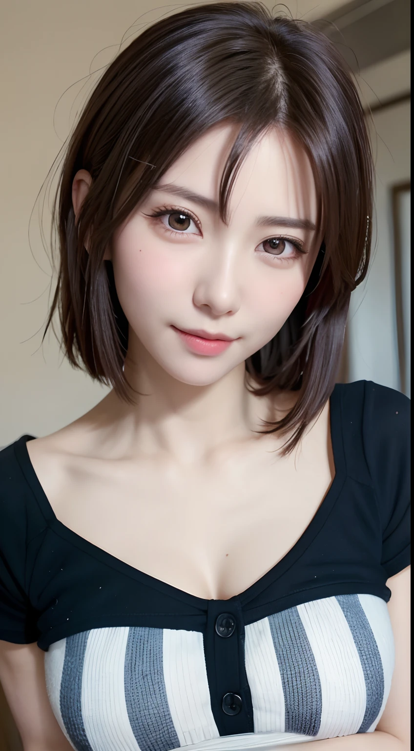 You are a professional photographer。BREAK,(4K,8k,Masterpiece,Realistic)、Super Resolution:1.3、Real、Japanese women、 RAW Photos、(Realistic:1.2)、looking at the camera、Symmetrical face、(Beautiful face in every detail)、(Photograph the whole body:2.0)、Age 25、Japanese Idol、Beautiful eyes、Natural Makeup、Showing cleavage、smile、short hair、(High leg:1.5)、pub、night、Dimly lit interior、light up