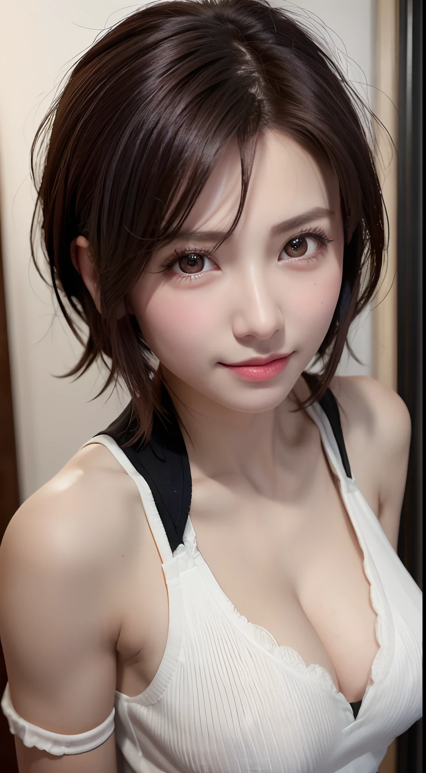 Best quality, 超高分辨率, (Photorealistic: 1.4), Beautiful eyes, Super beautiful, Very short hair, Beautiful, Sweetheart, t-shirt with rough chest, Beautiful soldiers, Catch the audience's eye, Lover's perspective, Invitation expression, Sexy smile, Perfect style, Perfect balance, Detailed skin, mischievous gaze, chest visible