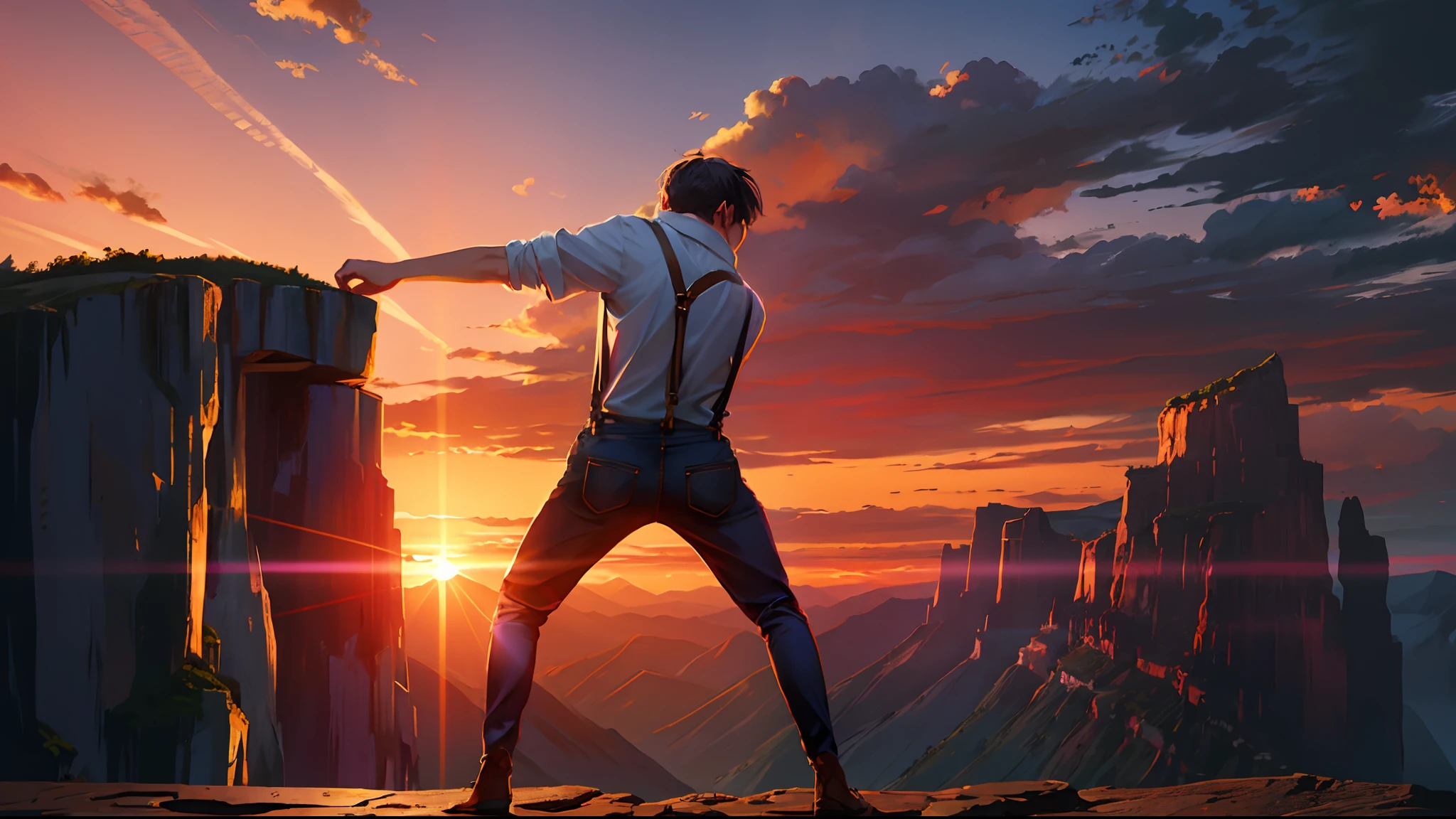 the sunset,eventide,Big Mountain,Medium short hair,Suspenders,Put your feet on the ground,Boy student,Iron Mountain Back,Behind the man is a cliff,