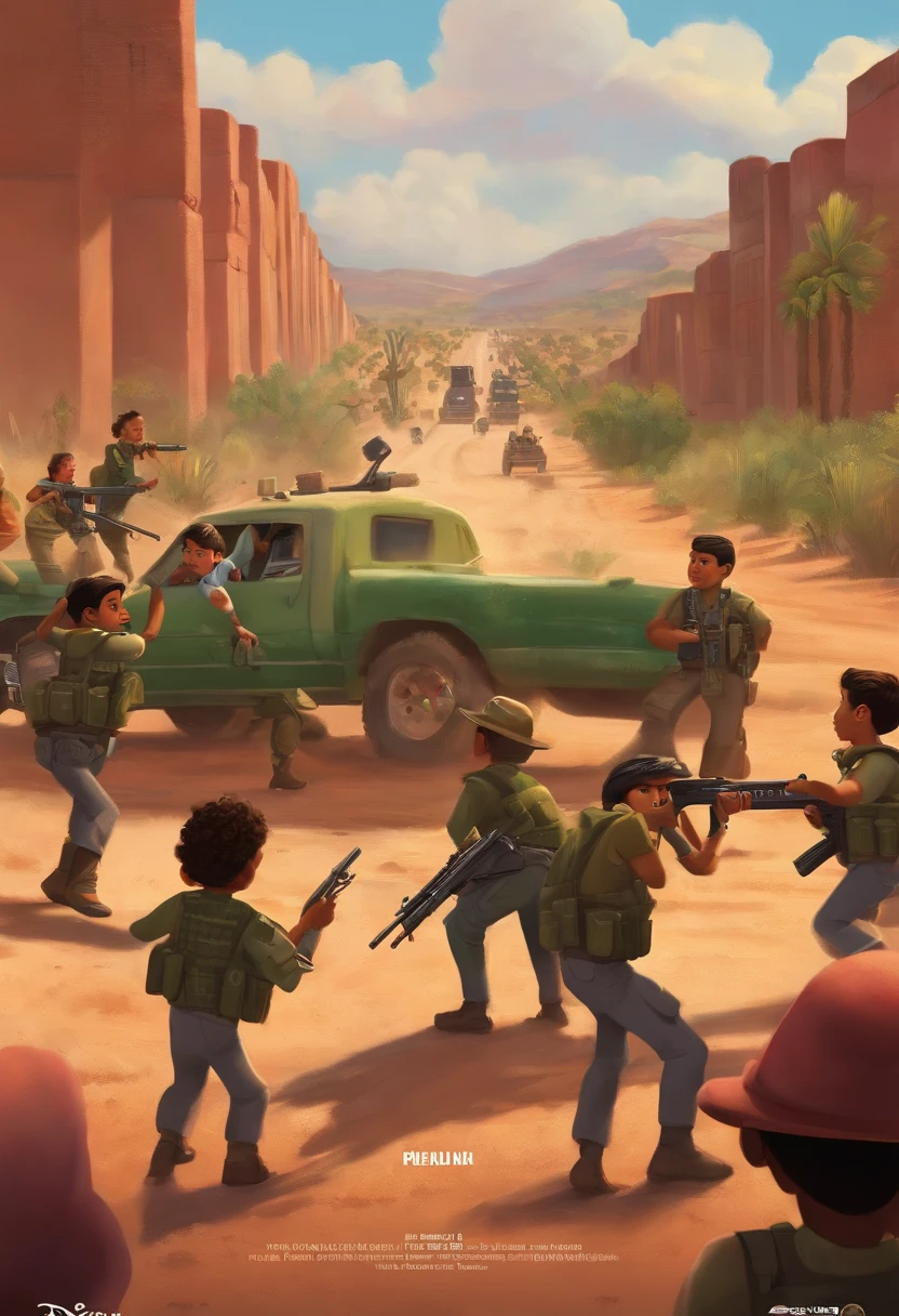 Pixar movie cover: Mexican kids sneaking past Mexico's border to America surrounded with armed military soldiers defenestrating them and pointing their guns at them as they try to escape