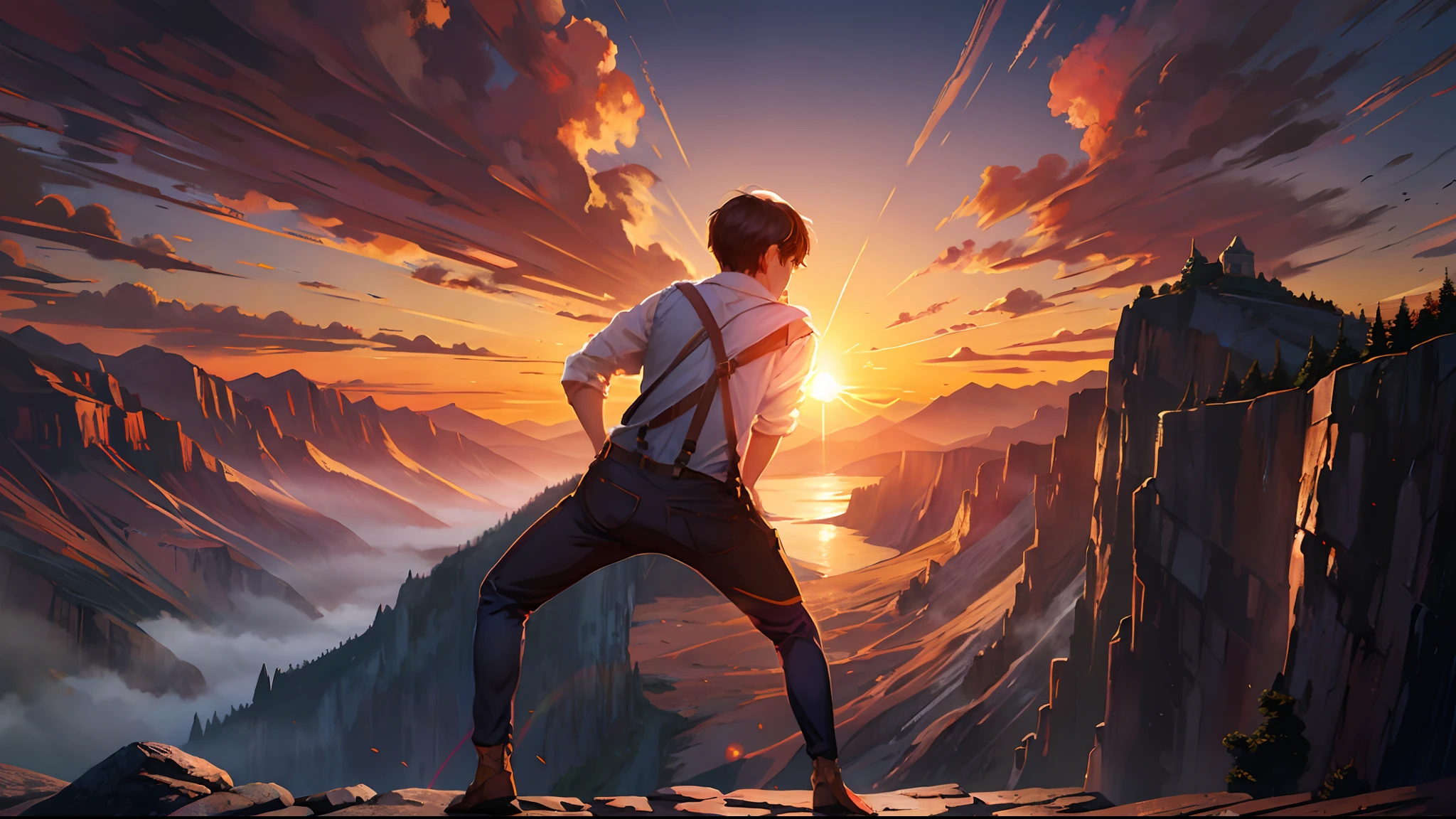 the sunset,eventide,Big Mountain,Medium short hair,Suspenders,Put your feet on the ground,Boy student,Iron Mountain Back,Behind the man is a cliff,