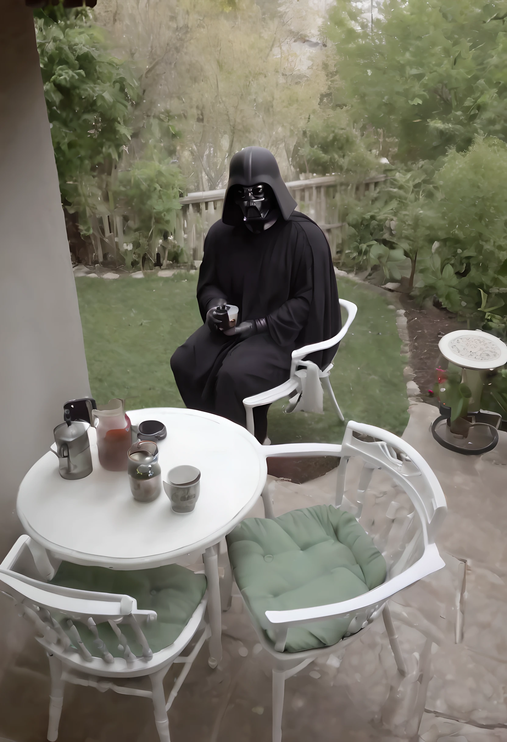Darth Vader drinking a glass of coffee in ((teddy bear pajamas)),sitting on a coffeeshop