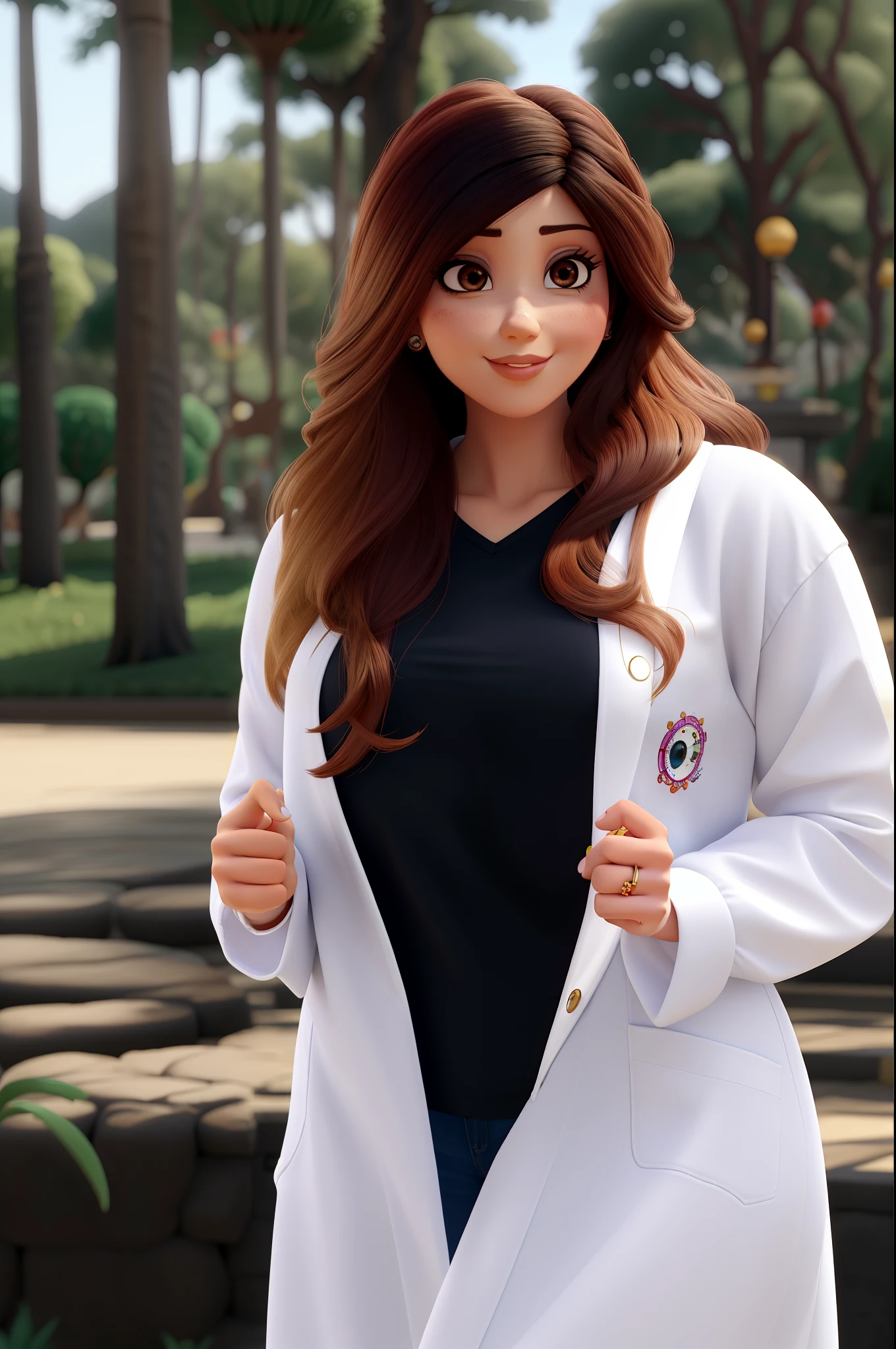 Mulher parda clara, cabelos ondulados com luzes loiras, Asian eyes, nariz com ponta bulbosa, wide lips, rosto oval, com jaleco da UFRJ, heart tattoo on the ring finger of the left hand and ring on the ring finger of the right hand, estilo pixar