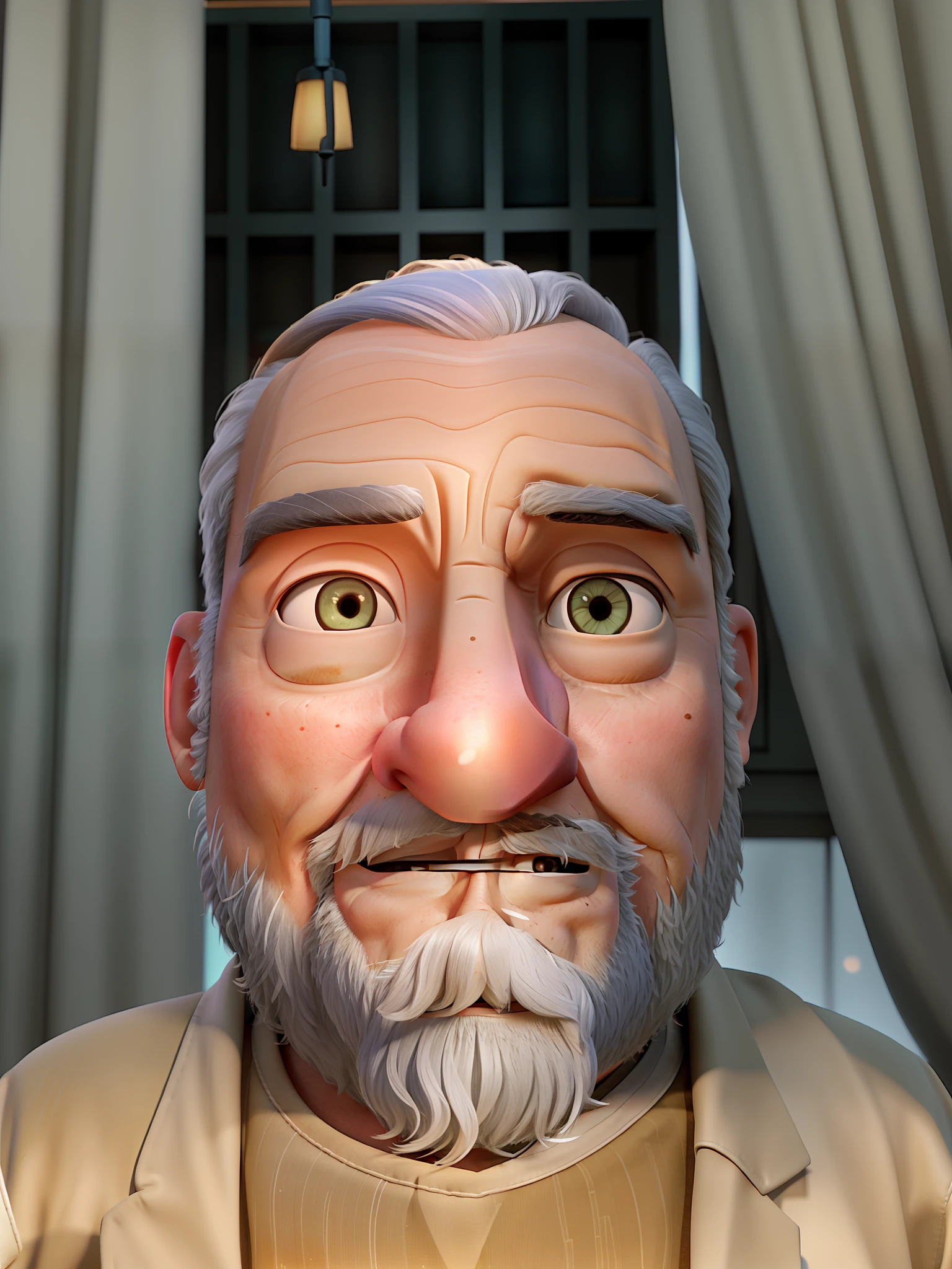 A wise old man standing in front, illuminated by the light of a lamp, against the backdrop of a library