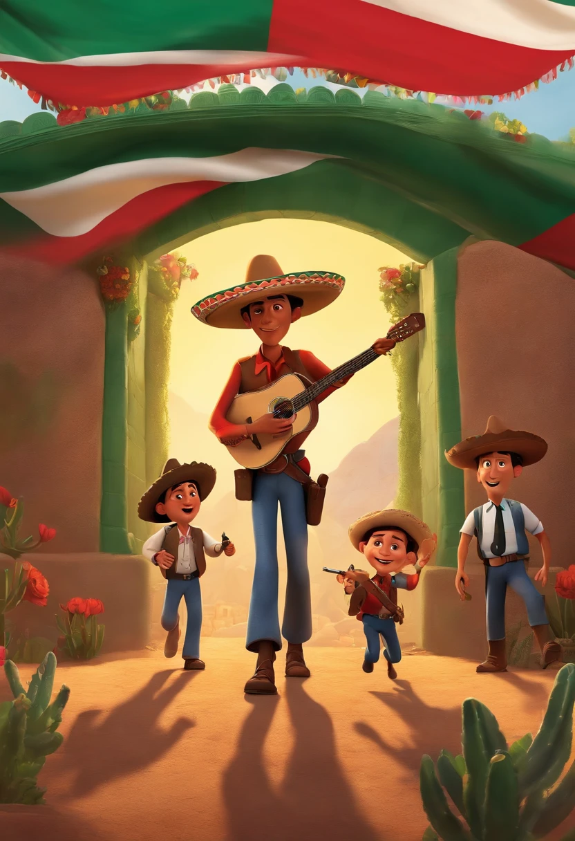 Pixar movie cover: Mexican kids in sombrero sneaking past Mexico's border to America surrounded with armed military guards defenestrating them and pointing their guns at them as they try to escape
