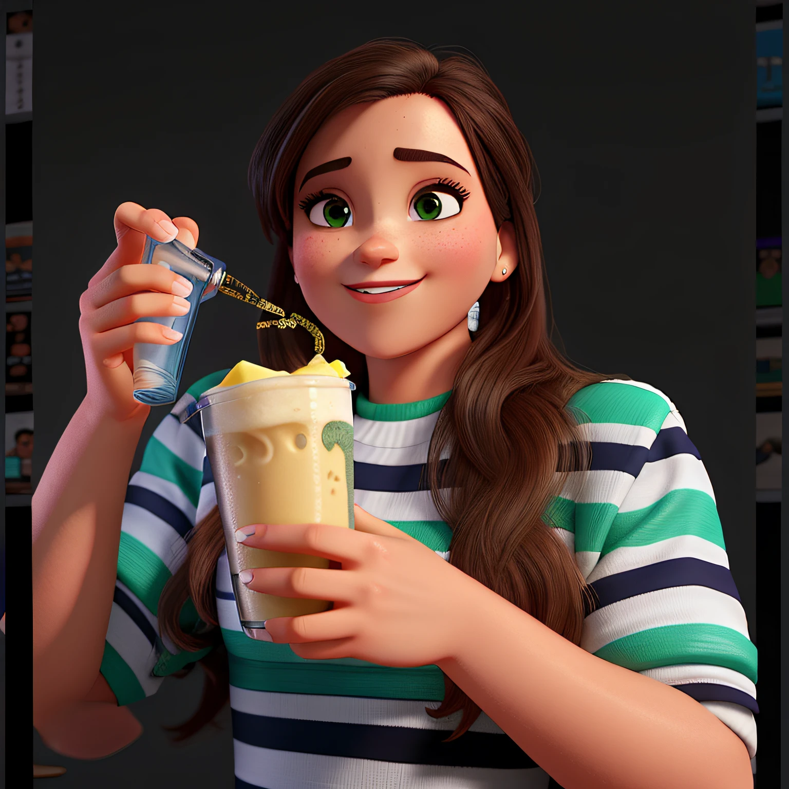 Uma mulher tomando shake da herbalife estilo Disney pixar, melhor qualidade