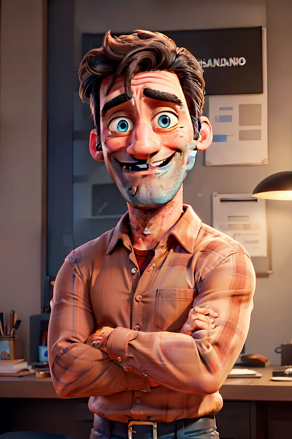 Jon Hamm, Cartoon in black shirt and blue pants, olhando para frente e sorrindo.