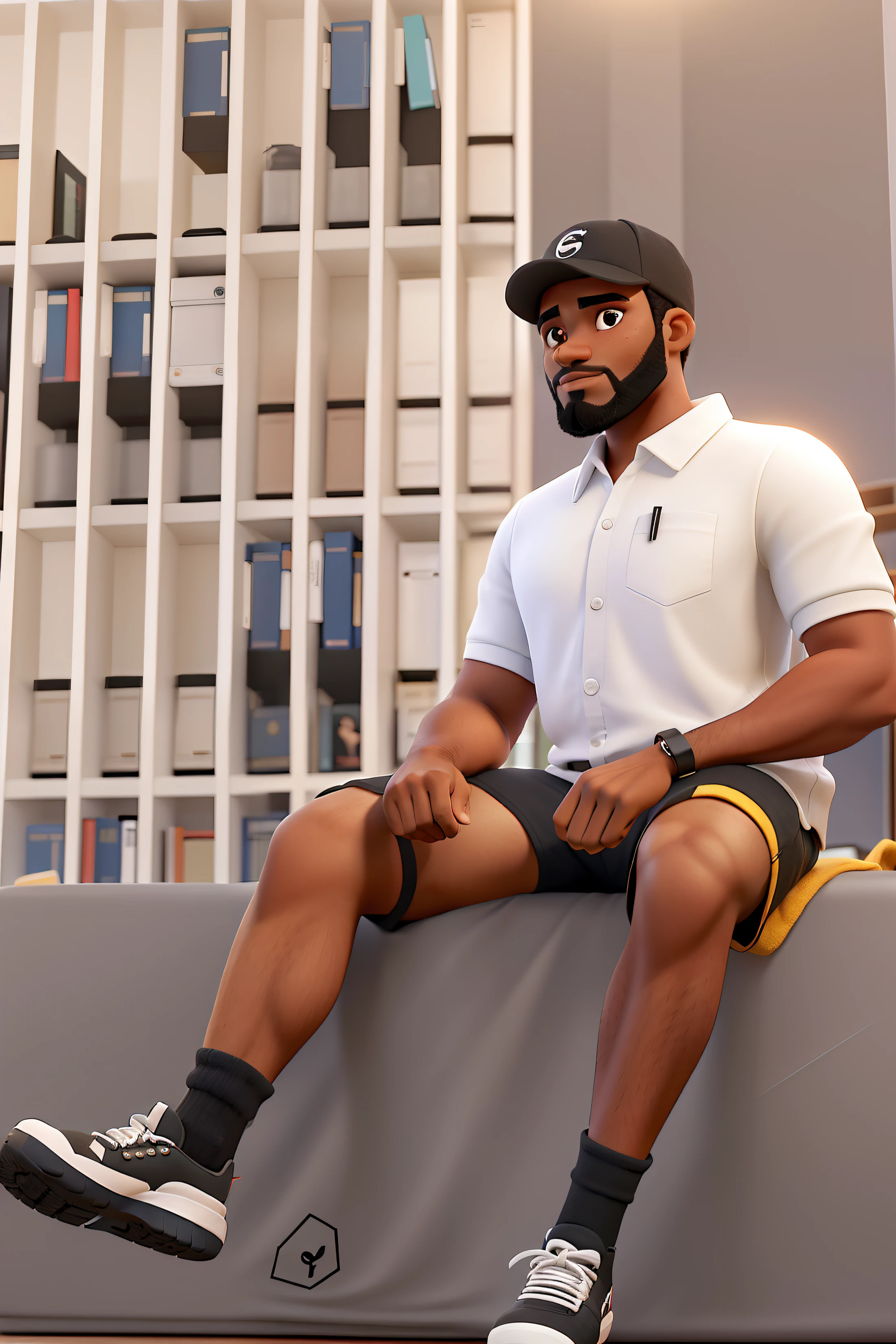 Um jovem negro de pele clara, com barba cheia, forte parado na frente, illuminated by the light of a lamp, contra o pano de fundo de uma biblioteca