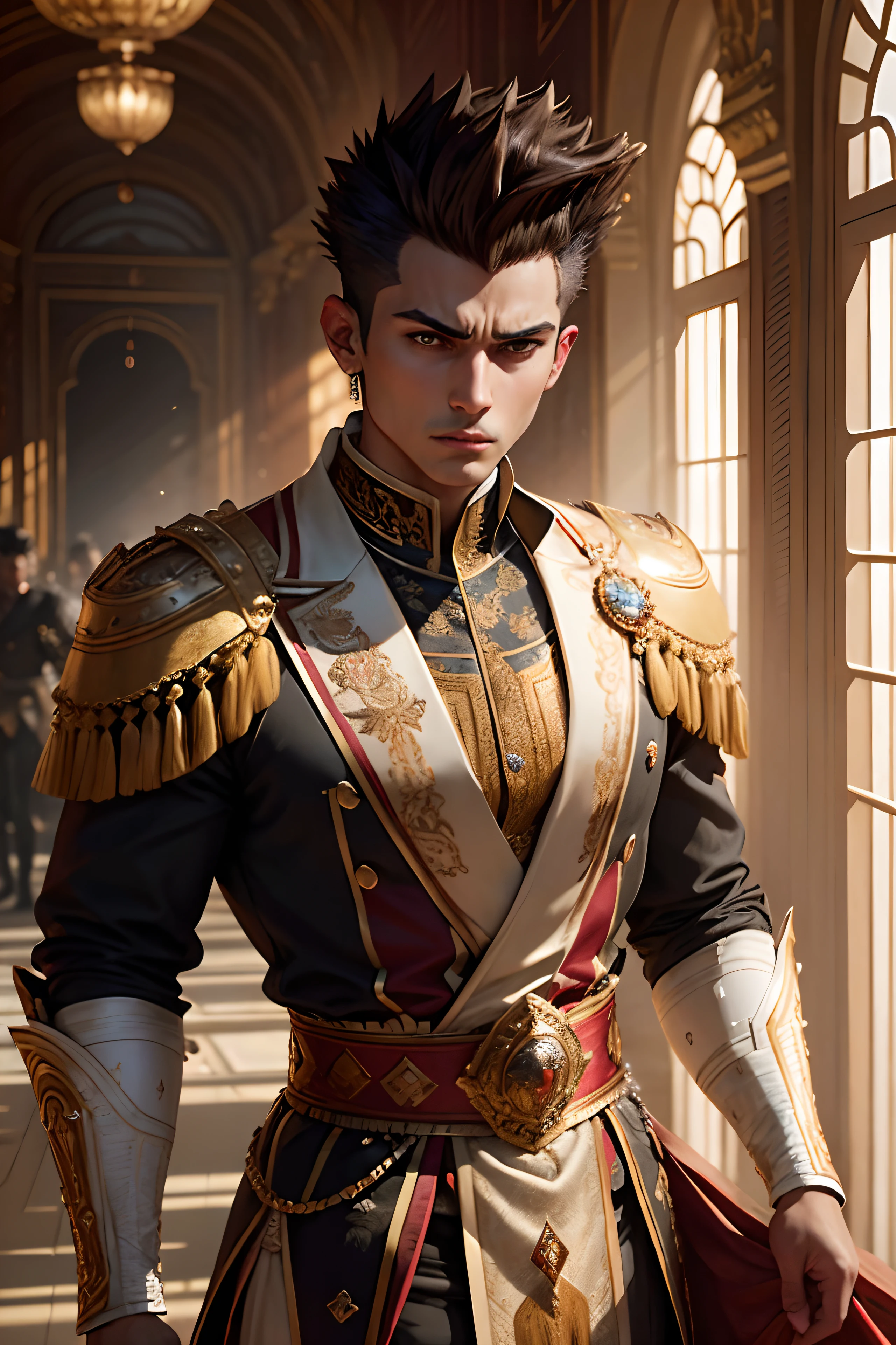 young prince in a palace, luxury royal palace, volumetric lighting, 8k resolution, photorealistic, ultra-high quality, opulent detailed background, short dark brown hair, , (Faux Hawk:1.3), wearing a fancy royal indian battle armor, scar on face, angry