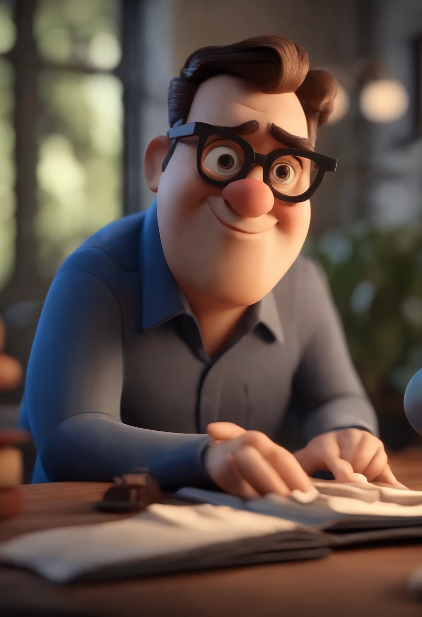 Cartoon character of a man wearing black glasses and a blue shirt, um personagem animado, Caractere estilizado, animation style rendering, 3D estilizado, Arnold Maya render, 3 d render stylized, toon render keyshot, Personagem 3D, Personagem 3D, 3d rendering stylized, 3 d character render, personagem de desenho animado, Personagem de close up, Pose de personagem, (Estilo Pixar) (master part:1.2) (Bokeh) (best quality) (pele detalhada) (textura detalhada) (8k) (argila) (Cinematic lighting) (foco nítido，Senta e vaza a parte superior do corpo