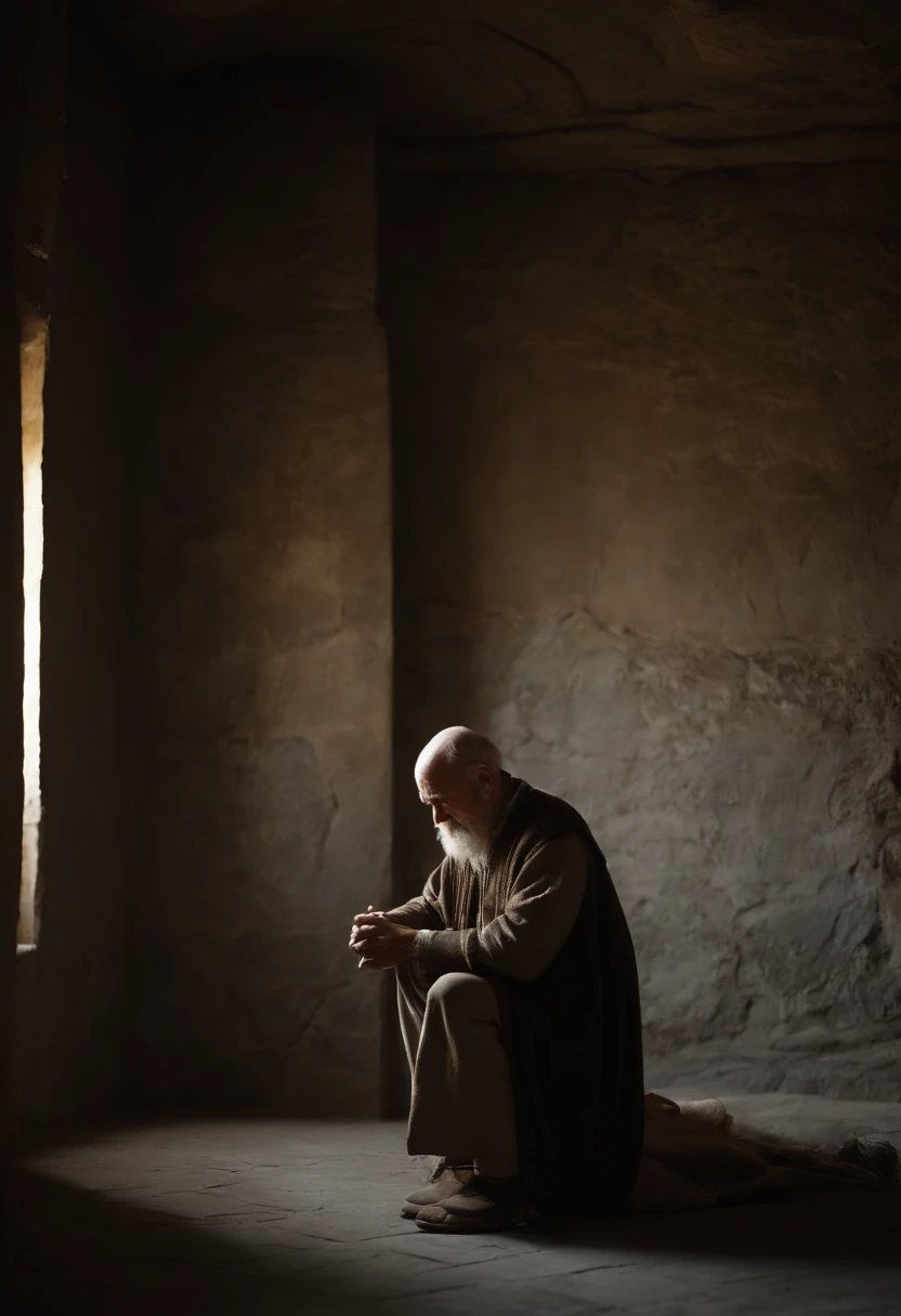 a man in the room, he is kneeling, he was an emaciated old man, Man, 80 years old, bald, There is a white beard, Long white eyebrows, He straightens his back, with his hands behind his back, no muscles, in an ancient ruins , it seems from the time when Jesus Christ lived