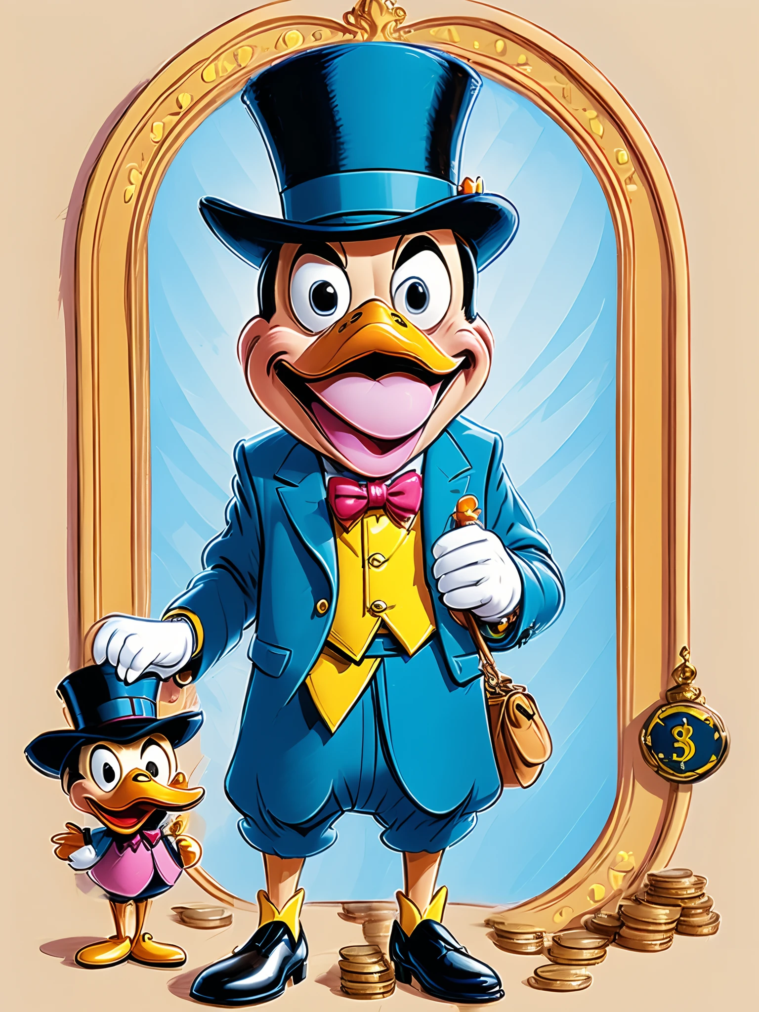 a drawing of a cartoon duck with a top hat and a bag of money, inspired by Carl Barks, donald duck, inspired by Jacob Duck, by Randy Vargas, by Jacob Duck, high quality colored sketch, by Eddie Mendoza, drawn in the style of mark arian, dan decarlo art style, cartoon drawing, by Carl Barks, loony toons style