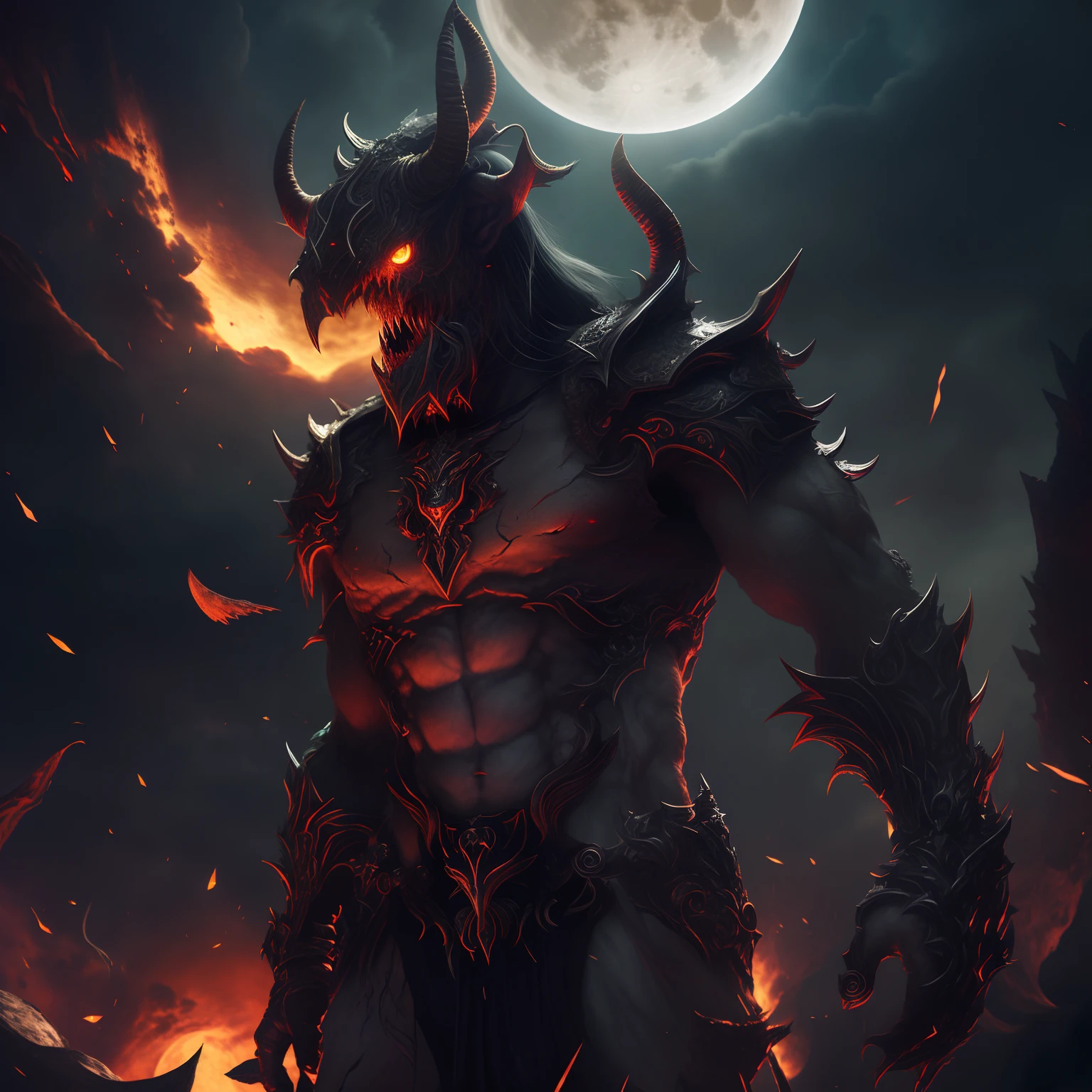 Demon with glowing eyes and horns standing in front of a full moon, demon armor, arte conceitual digital diablo, Fit male demon with white horns, Arte de fantasia 4k, Epic Fantasy Digital Art Style, arte conceitual demon soul, demon berserker, Unreal Engine Arte de fantasia, Demon Lord, Arte de fantasia 8k, epic fantasy HD art style
