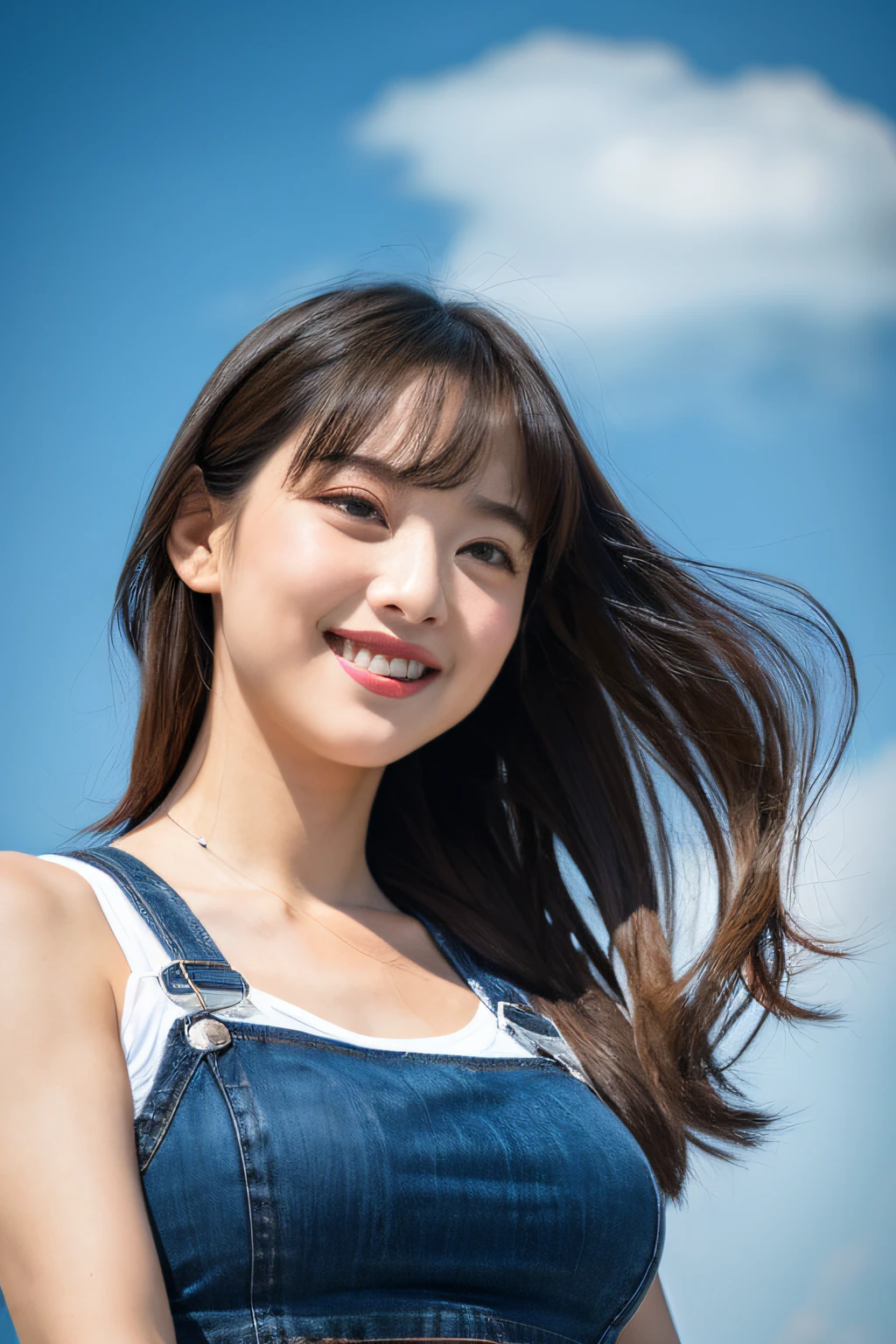 (8k, top-quality, masterpiece:1.2), (realisitic, Photorealsitic:1.37), ultra-detailliert, One Girl,cute little, 独奏,Beautiful detailed sky,date,(Nasal blush),(a smile:1.15),(a closed mouth)tiny chest、beatiful detailed eyes、(length hair: 1.2)、Floating Hair NovaFrogStyle、damage jeans、Tank tops