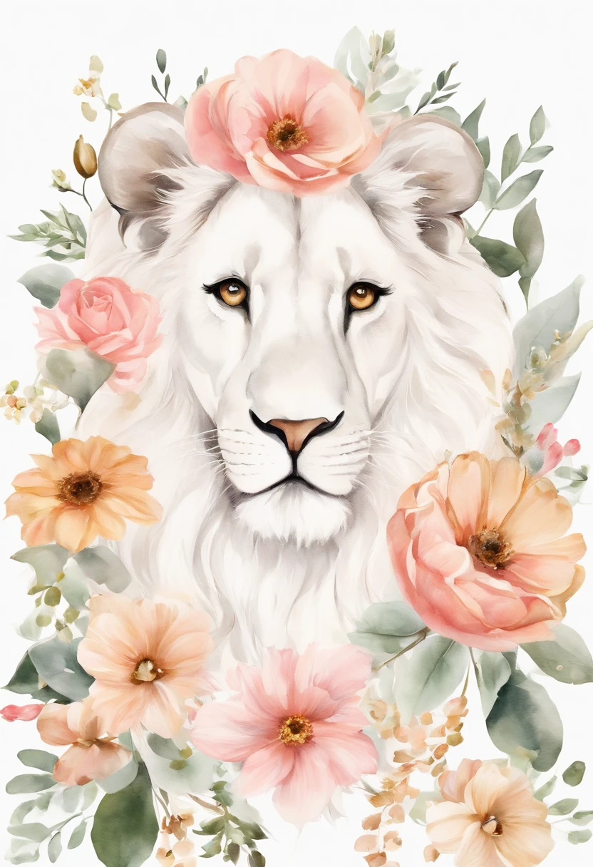((fundo branco)), ((Clipart )), ((etiqueta)), (((lion's ear)), Aquarela Bela arte de fantasia rosa selvagem, olhos perfeitos com rosto bonito e flores, Asas de Anjo, Chibi cute animation style, cores vivas e vivas, detalhes intrincados, hiper detalhe, hiper qualidade, 32k, Motor irreal, isolado no fundo branco, fofo, cintilar