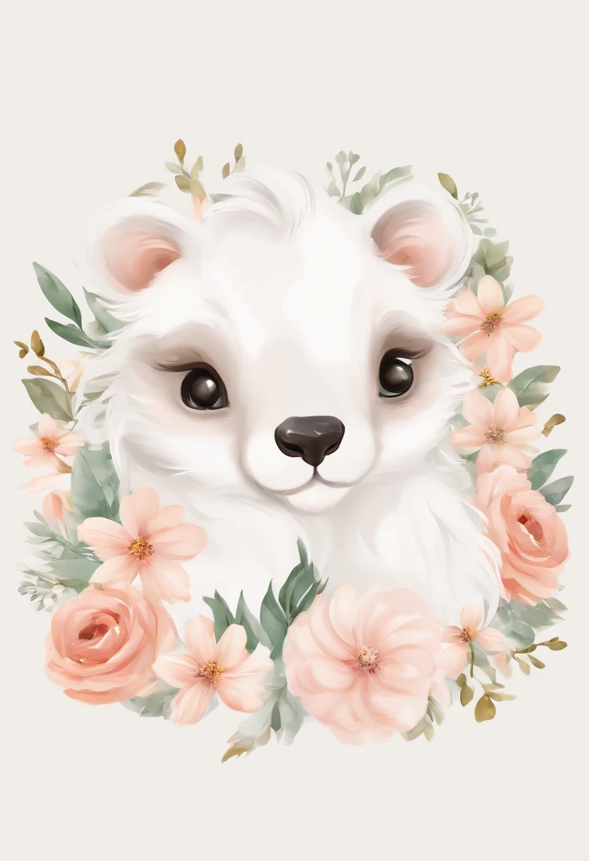 ((fundo branco)), ((Clipart )), ((etiqueta)), (((lion's ear)), Aquarela Bela arte de fantasia rosa selvagem, olhos perfeitos com rosto bonito e flores, Asas de Anjo, Chibi cute animation style, cores vivas e vivas, detalhes intrincados, hiper detalhe, hiper qualidade, 32k, Motor irreal, isolado no fundo branco, fofo, cintilar