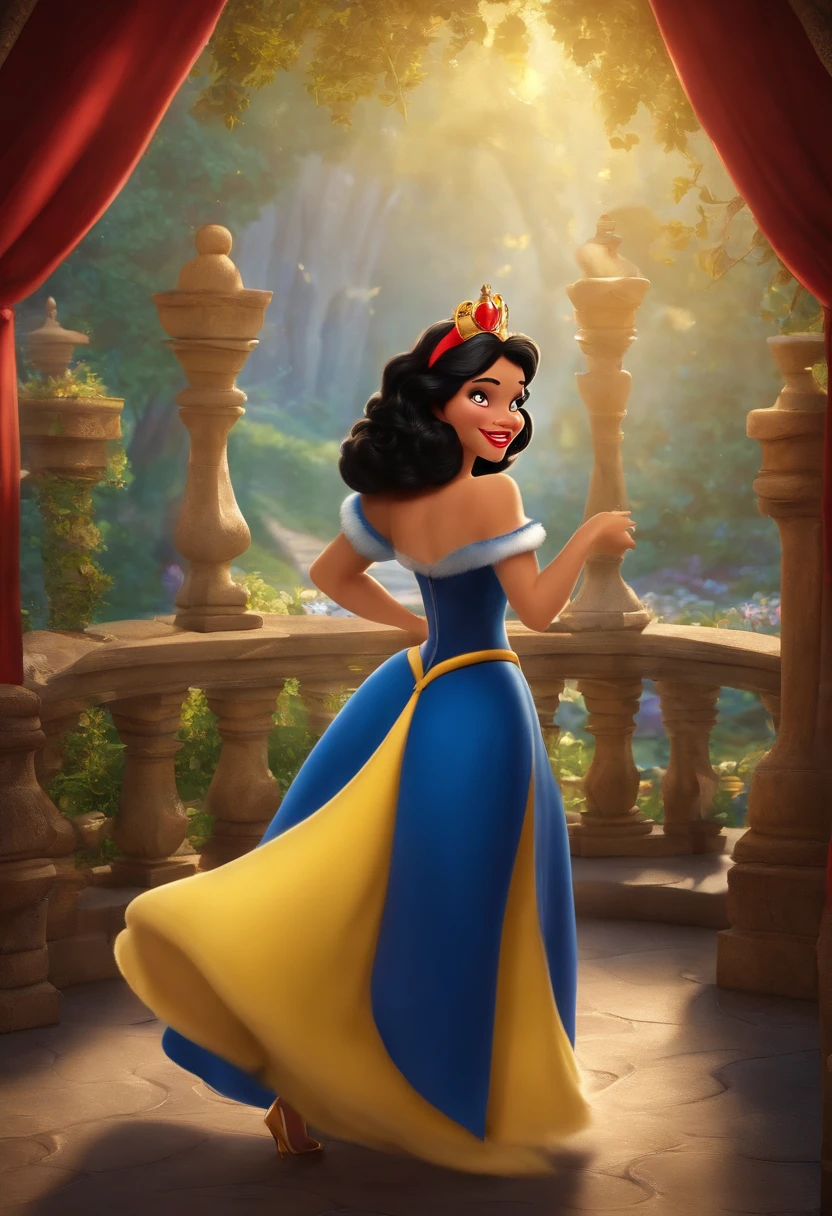 Criar uma mulher de 25 anos parda brasileira personagem no estilo pixar de olhos pretos, cabelos longos pretos, Big mouth with red lipstick celebrating birthday with princesses Snow White and Cinderella.