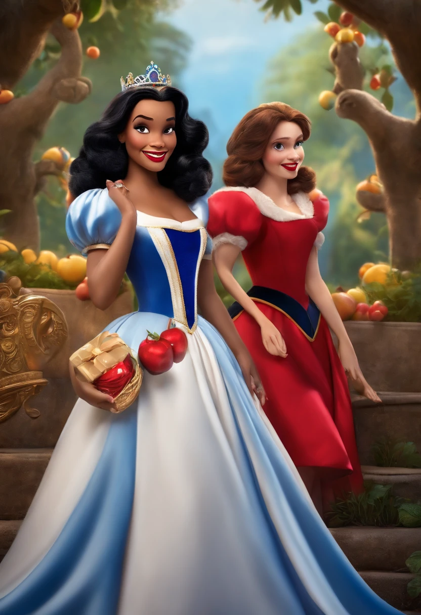 Criar uma mulher de 25 anos parda brasileira personagem no estilo pixar de olhos pretos, cabelos longos pretos, Big mouth with red lipstick celebrating birthday with princesses Snow White and Cinderella.