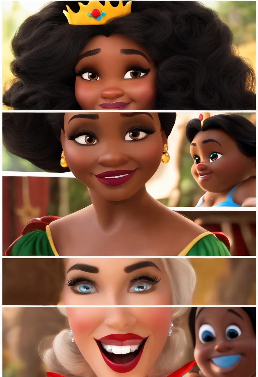 Criar uma mulher de 25 anos parda brasileira personagem no estilo pixar de olhos pretos, cabelos longos pretos, Big mouth with red lipstick celebrating birthday with princesses Snow White and Cinderella.