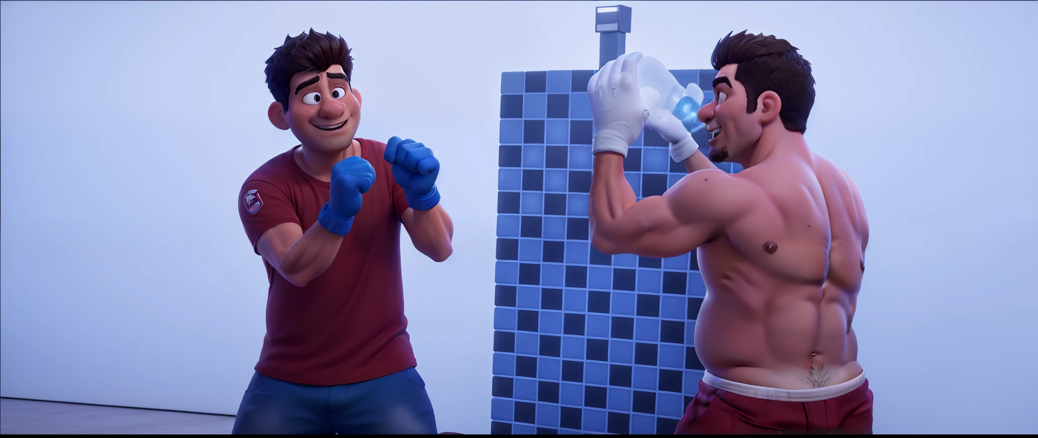 Red-shirted Latino man, shirtless chubby man, boxer gloves, Pixar style, high quality, best quality, ultra-detailed, realistic:1.37, professional, vivid colors, sharp focus, physically-based rendering, extreme detail description, (4K, 8K, highres, masterpiece:1.2), ultra-fine painting, HDR, UHD, studio lighting, portraits, vivid color tones, captivating lighting effects.