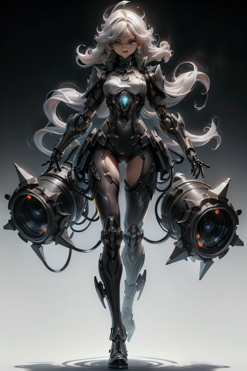 (best quality,masterpiece:1.2), A girl in tights, Transparent mech, She wears a transparent coat on her upper body, She wears ultra-shorts underneath, (Bare thighs:1.5), She wears robotic armored shoes on her feet, The design is very modern, The upper is made of smooth black metal, It looks cool., Simple and practical, She has long hair, (A strand of hair curled up on the top of the head:1.2), Behind him is a slender armored weapon, Streamers sag, Full of sense of science and technology, (global lighting, ray tracing, HDR, unreal rendering, reasonable design, high detail, masterpiece, ultra-high definition, movie lighting), Dreamy glow, clean, Whole body, Full body vision, A simple background, Monochromatic background, (simple background, white background:1.3), multiple views, charturnerv2,