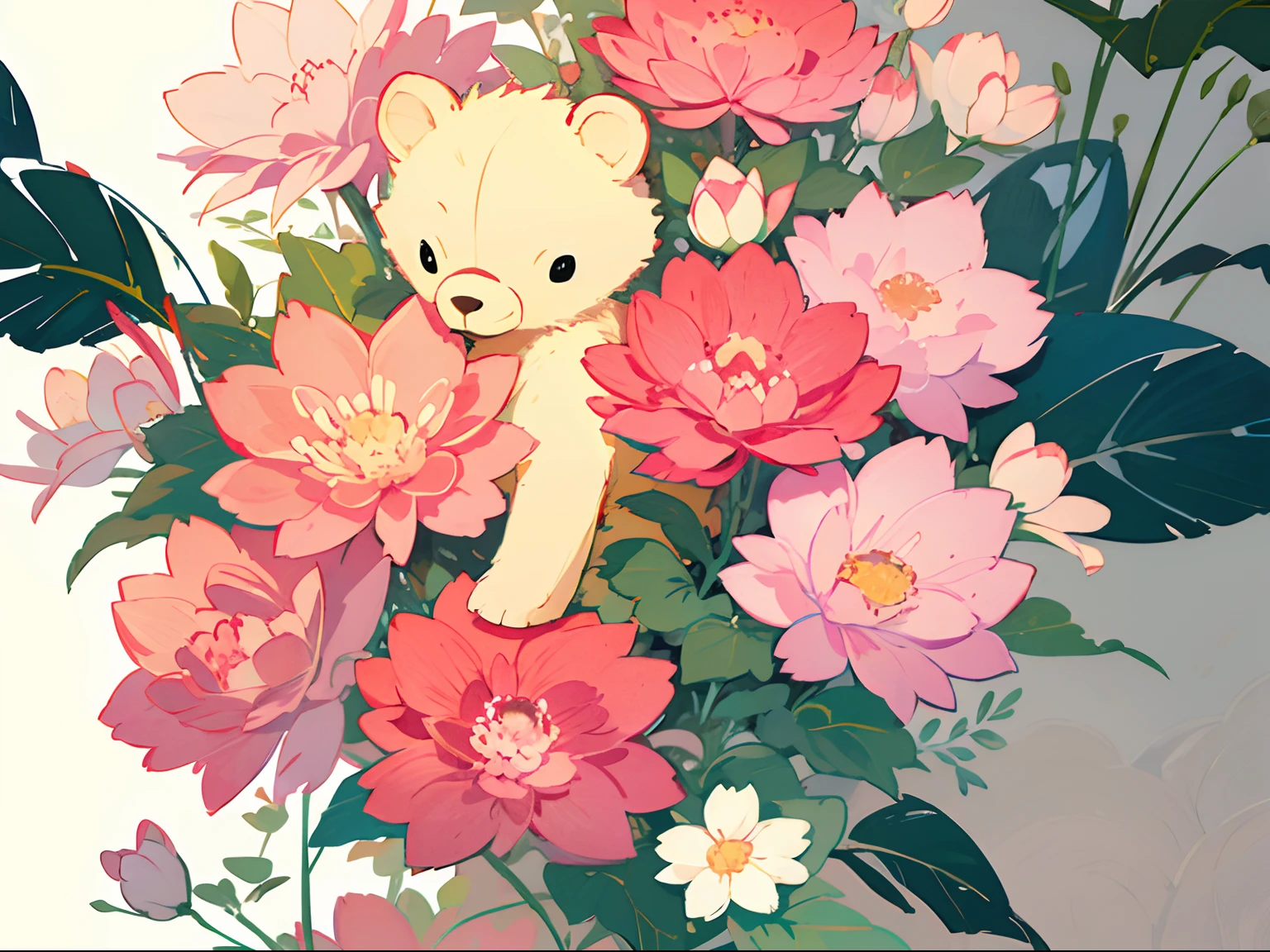 watercolor texture graphic technical pattern wallpaper pastel color masterpiece top quality stuffed bear lots of flowers