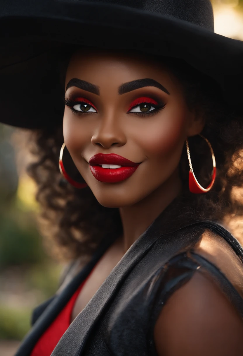 Criar uma mulher de 25 anos parda brasileira personagem no estilo pixar de olhos pretos, cabelos longos pretos, Big mouth with red lipstick celebrating birthday.