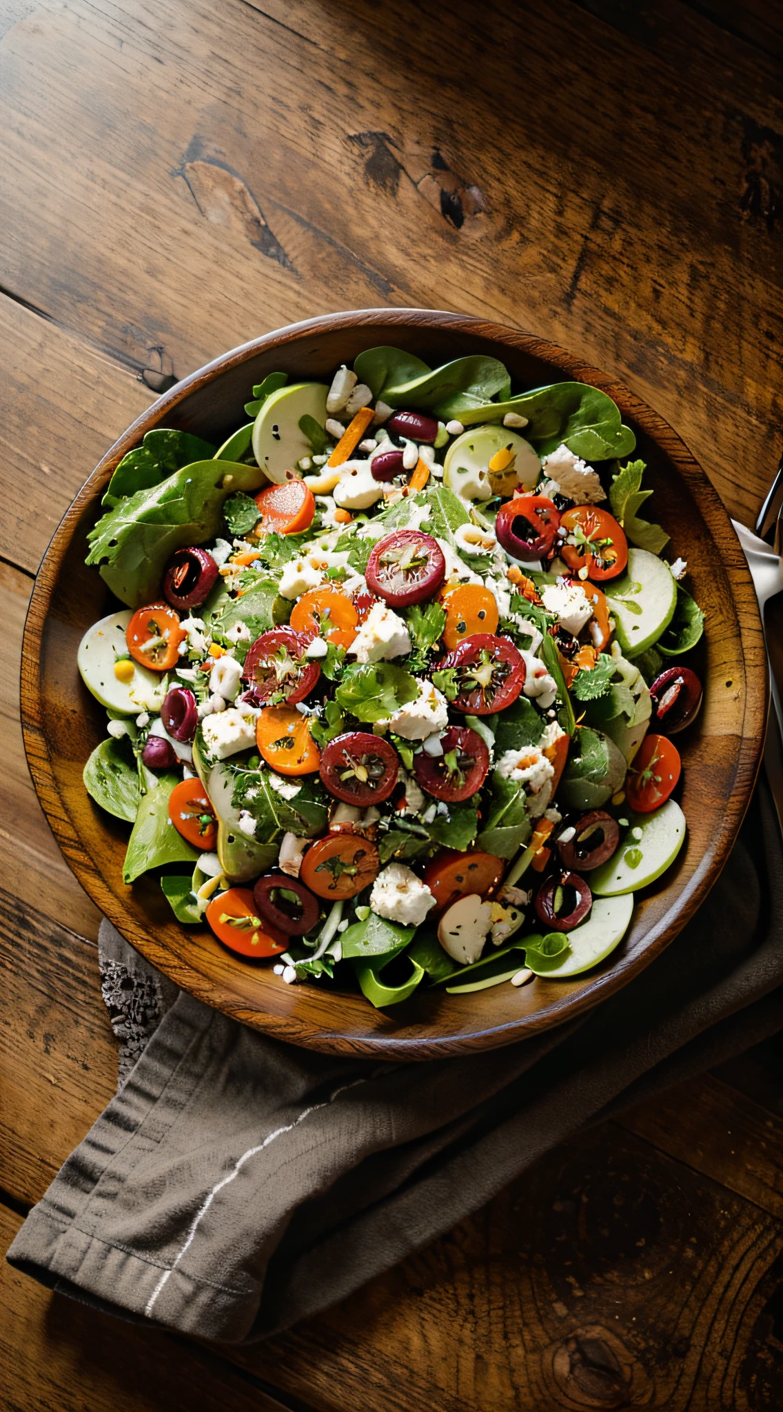 top view, photography of salad dish on wooden table, food photography, photorealistic, HD, epic photo, dynamic, cinematic, dark background, fine details, top view