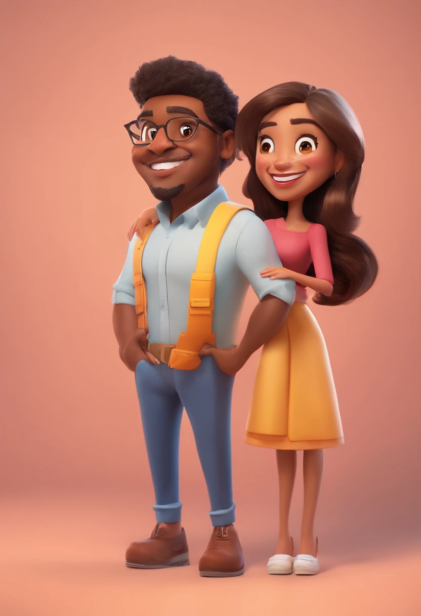 An illustration of an adorable couple, Highlight for a chubby mulatto man with smiling glasses and a brunette woman with beautiful expressive eyes - the man's skin is mulatto and the man's hair has, while the woman's skin is black and the woman's hair is straight and brown. They are a bright room, cada um com um sorriso no rosto, e compartilhar um momento especial caracterizado pelo amor, Insights. Illustrate this scene from a perspective where they are facing the camera, Smiling and Showing Your Connection. Desenvolva esta arte em Full HD, Focus on your cinematic touch, Estilo Disney Pixar Animations