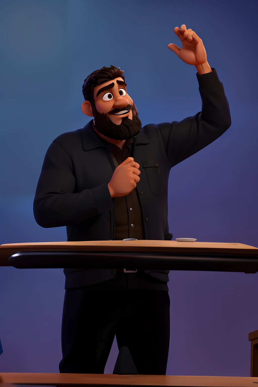 Poster no estilo Disney pixar, alta qualidade, melhor qualidade, homem moreno 39 anos cabelo curto preto, barba preta, with medium eyes and open with goatee,musculoso, segurando um microfone, With an outstretched hand singing to people